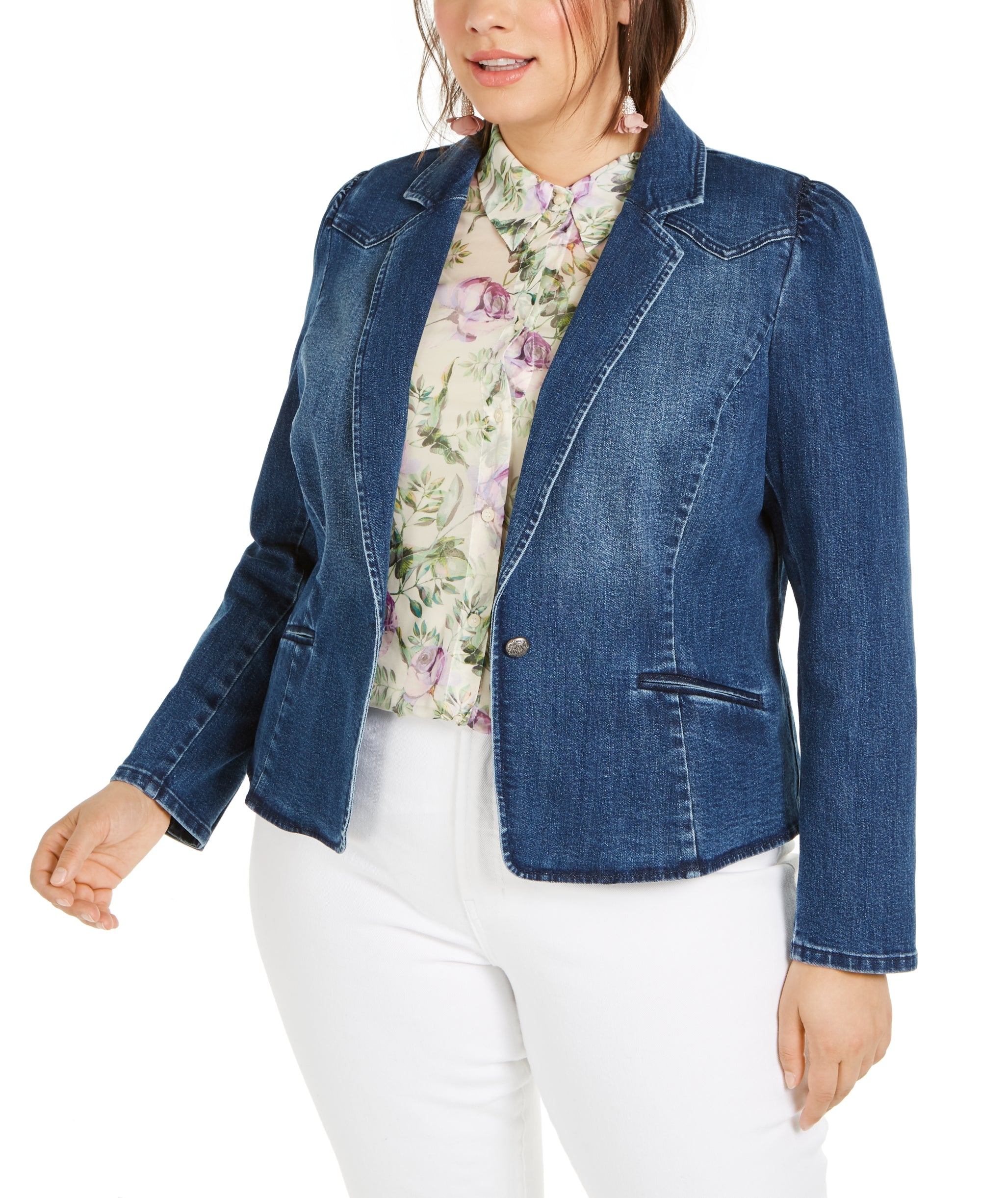 INC International Concepts Plus Size Puff Sleeve Denim Blazer