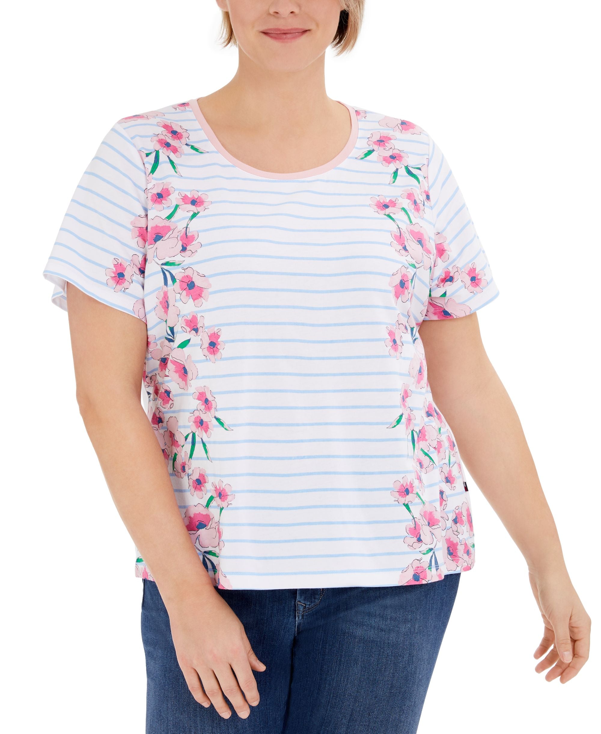 Tommy Hilfiger Plus Size Floral Print Striped Top