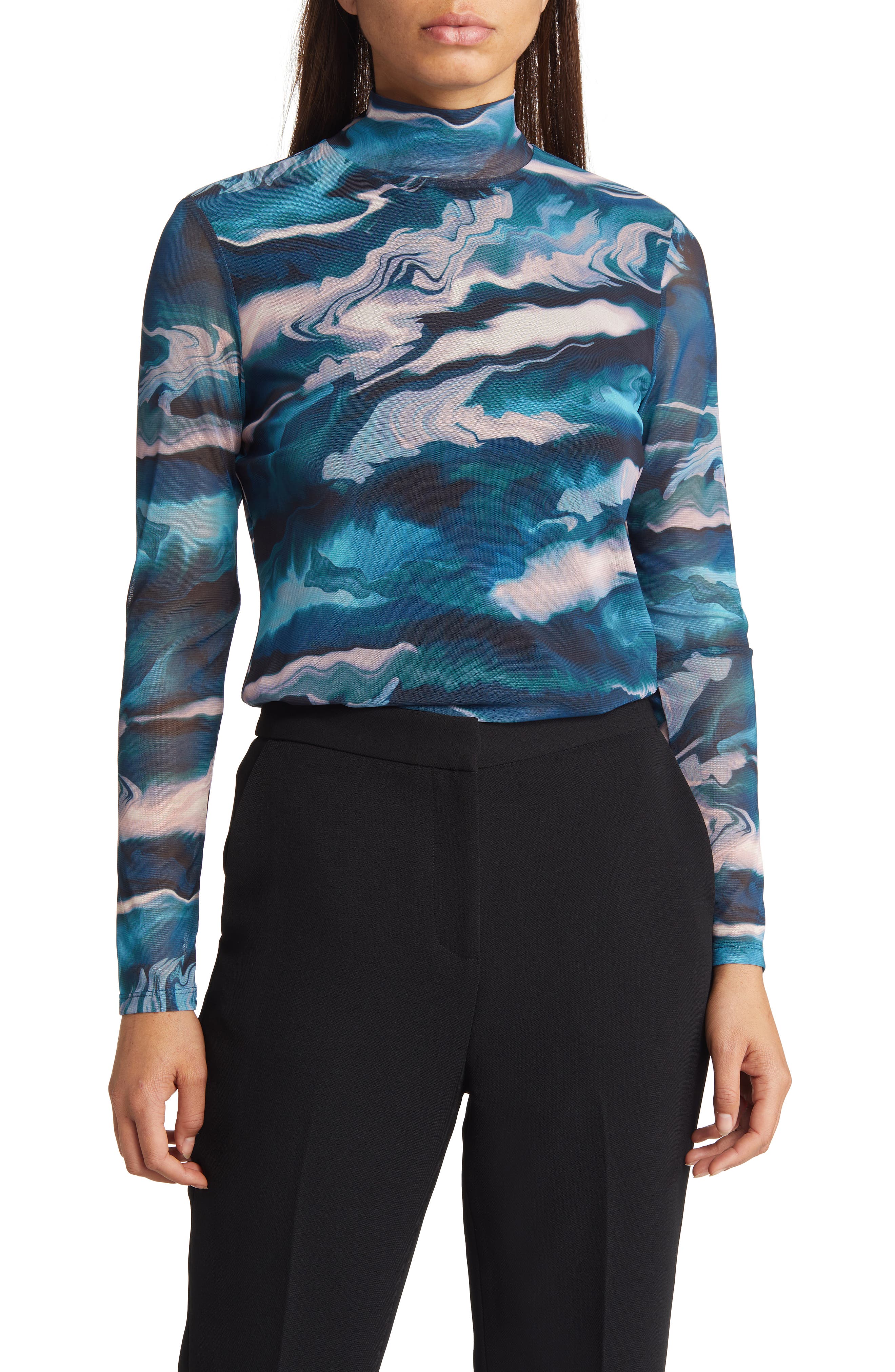 Anne Klein Marble Print Mesh Turtleneck Top