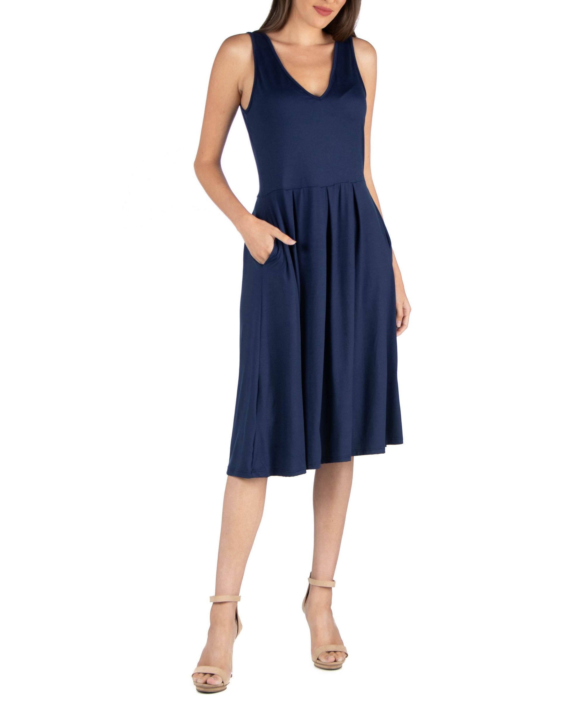 Fit and Flare Midi Sleeveless Dress with Pocket Detail