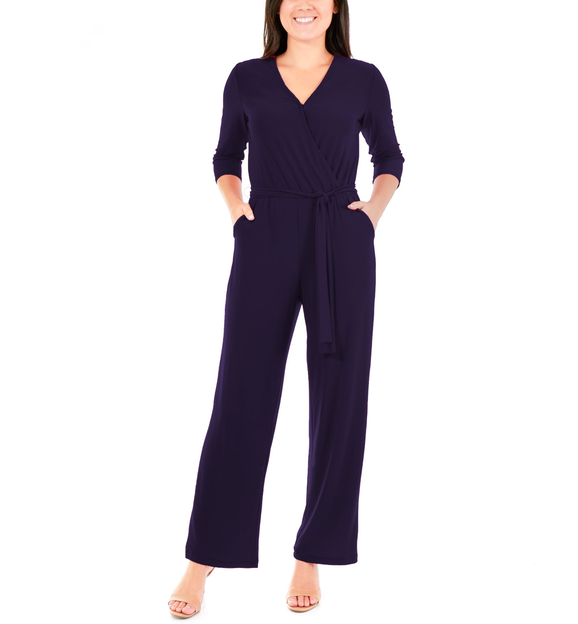 Petite 3/4 Sleeve Belted Wide Leg Jumpsuit