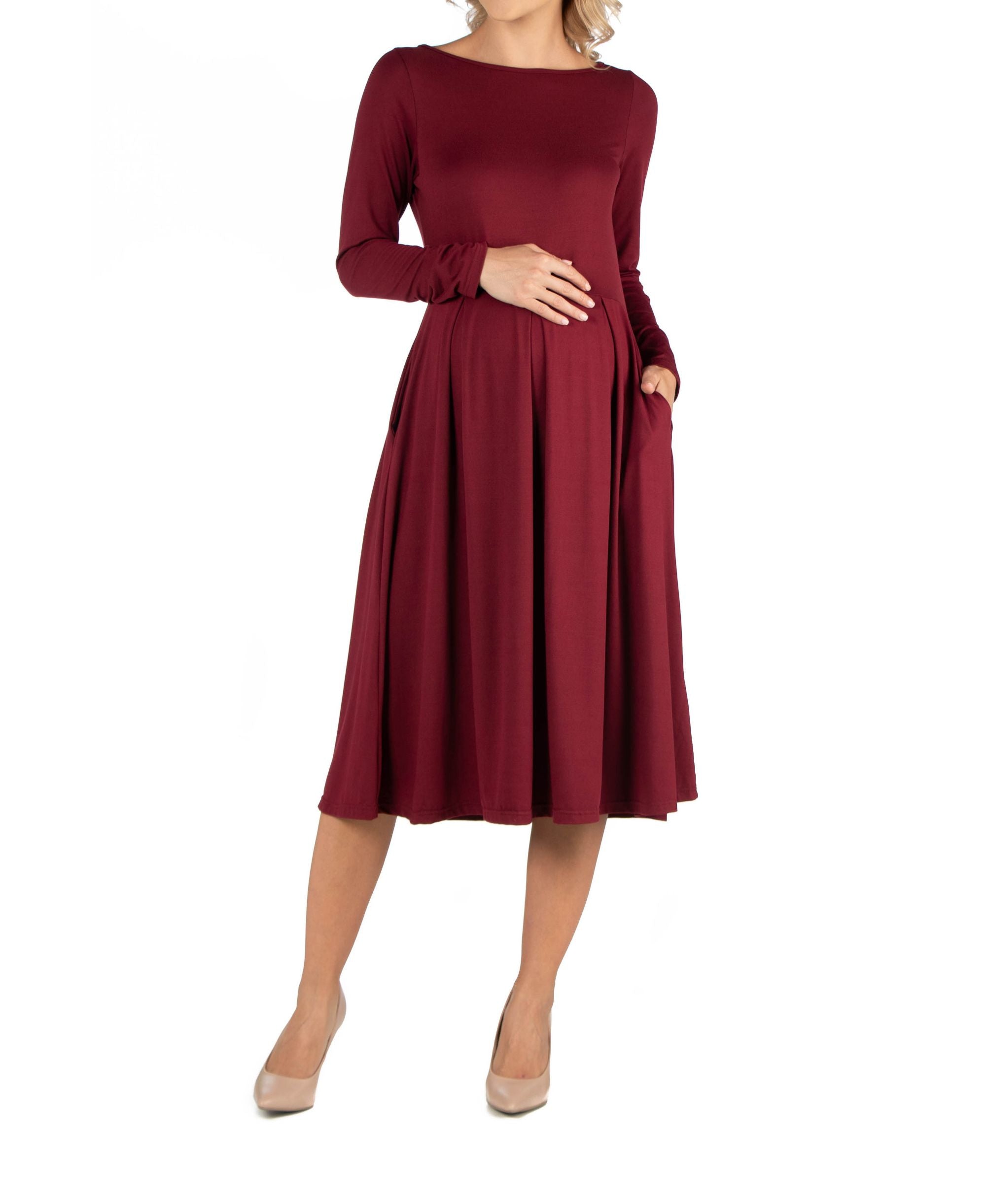 24seven Comfort Apparel Midi Length Fit Flare Pocket Maternity Dress