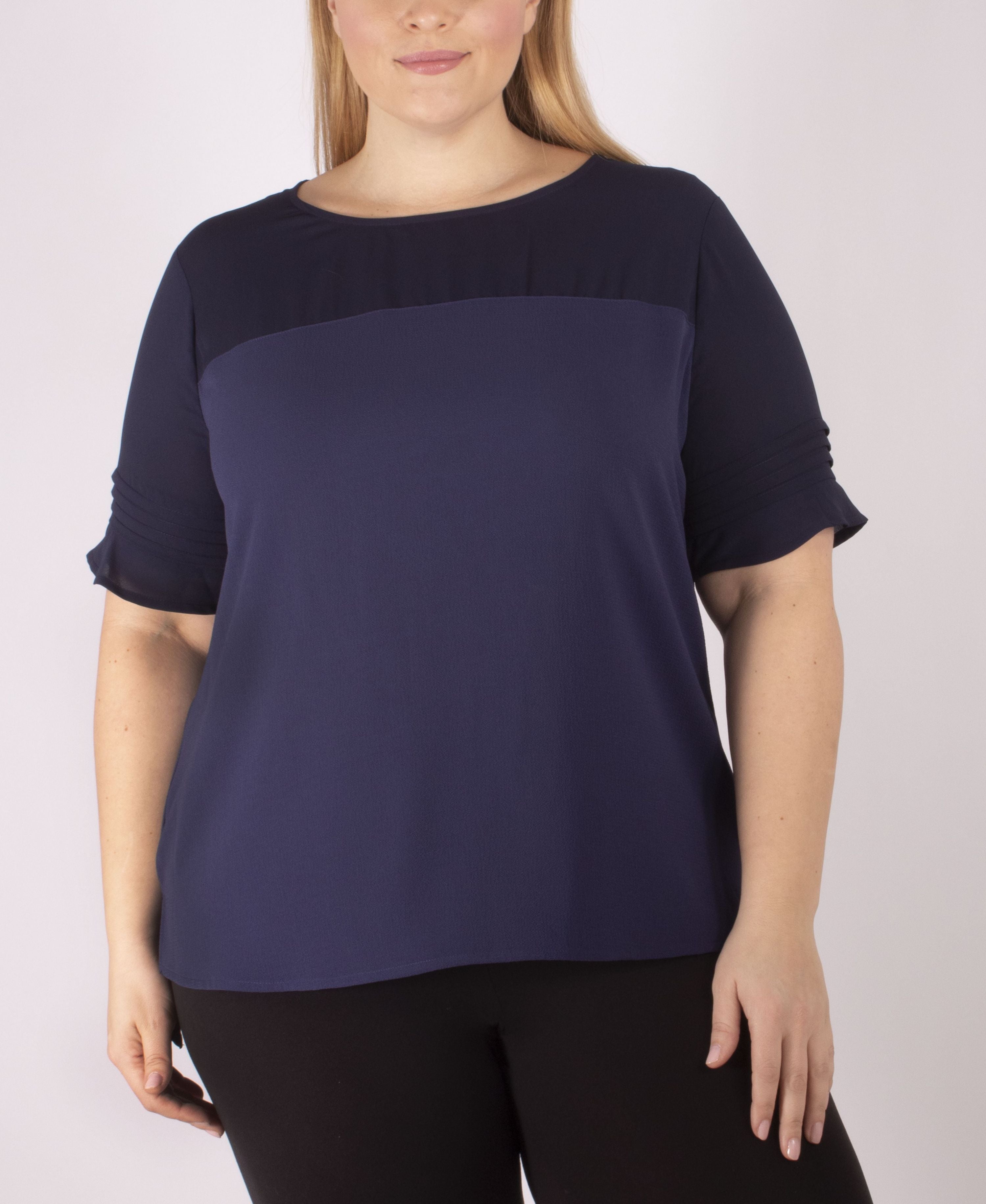 Plus Size Short Sleeve Crepe Top With Chiffon Yoke