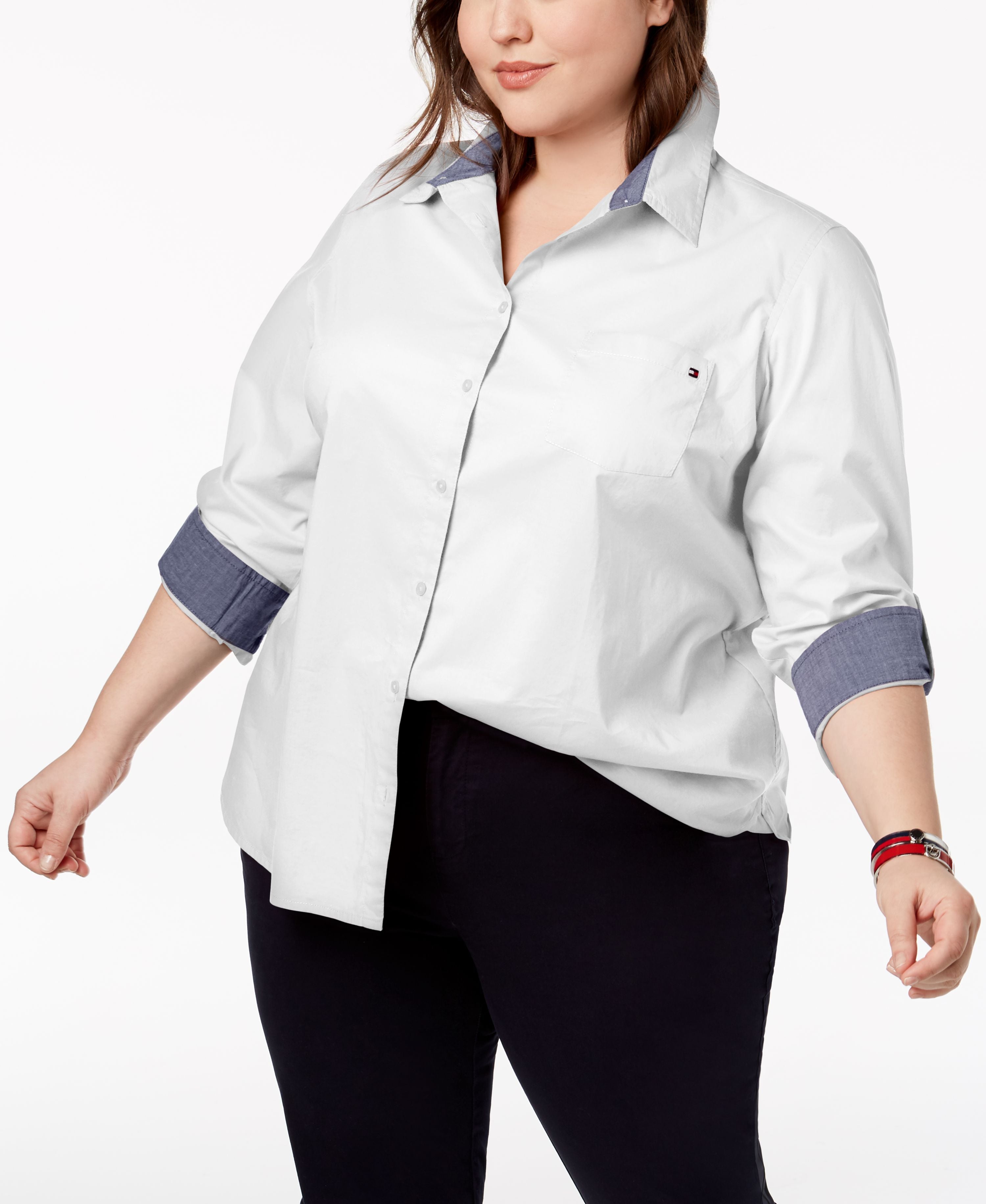 Plus Size Cotton Roll-Tab Shirt