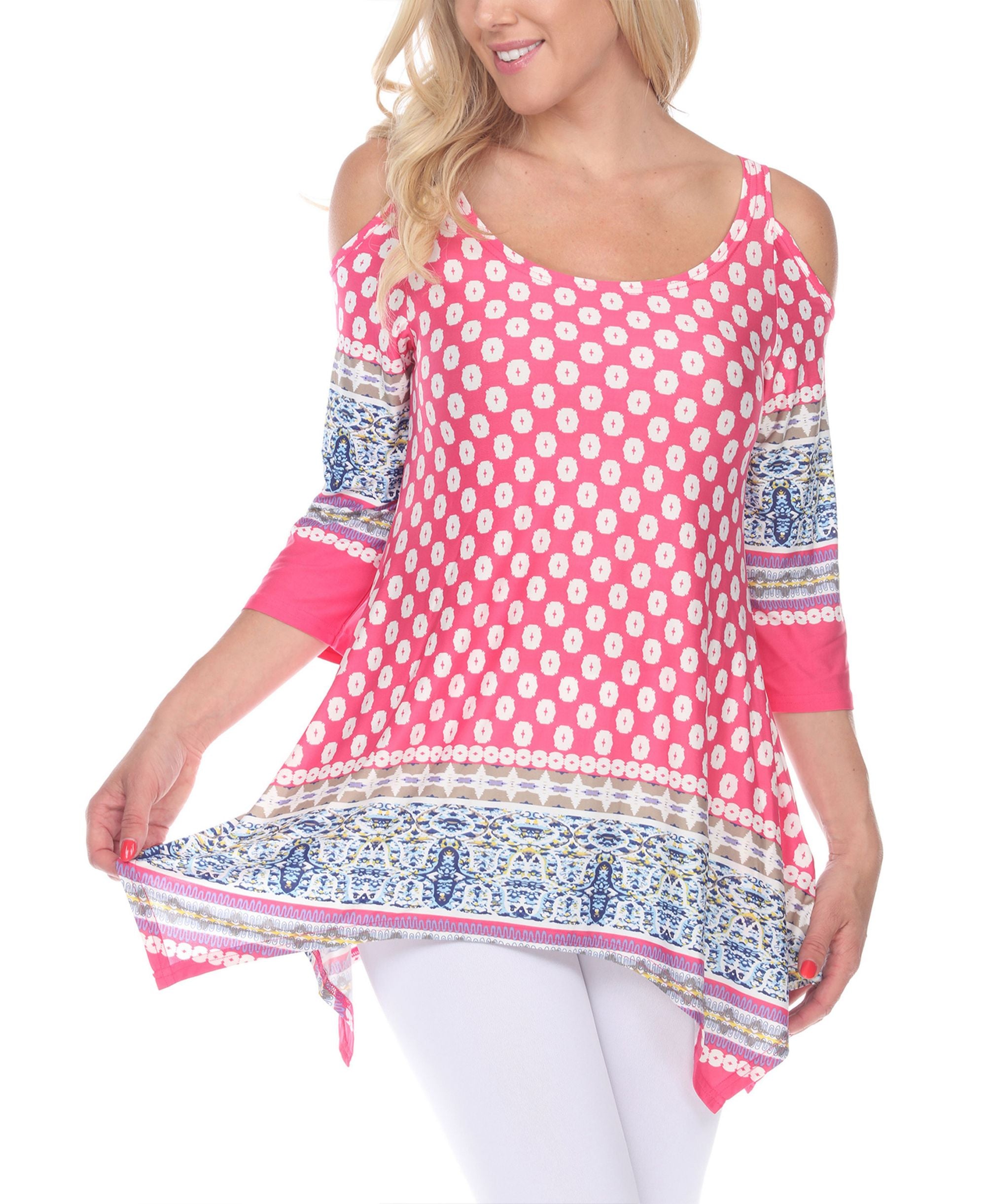 White Mark Womens Printed Cold Shoulder Tunic Top