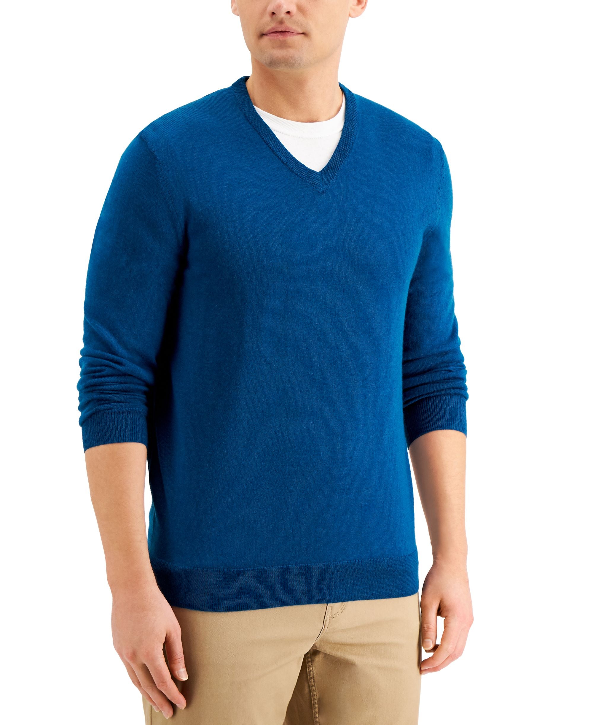 Men's Solid V-Neck Merino Wool Blend Sweater