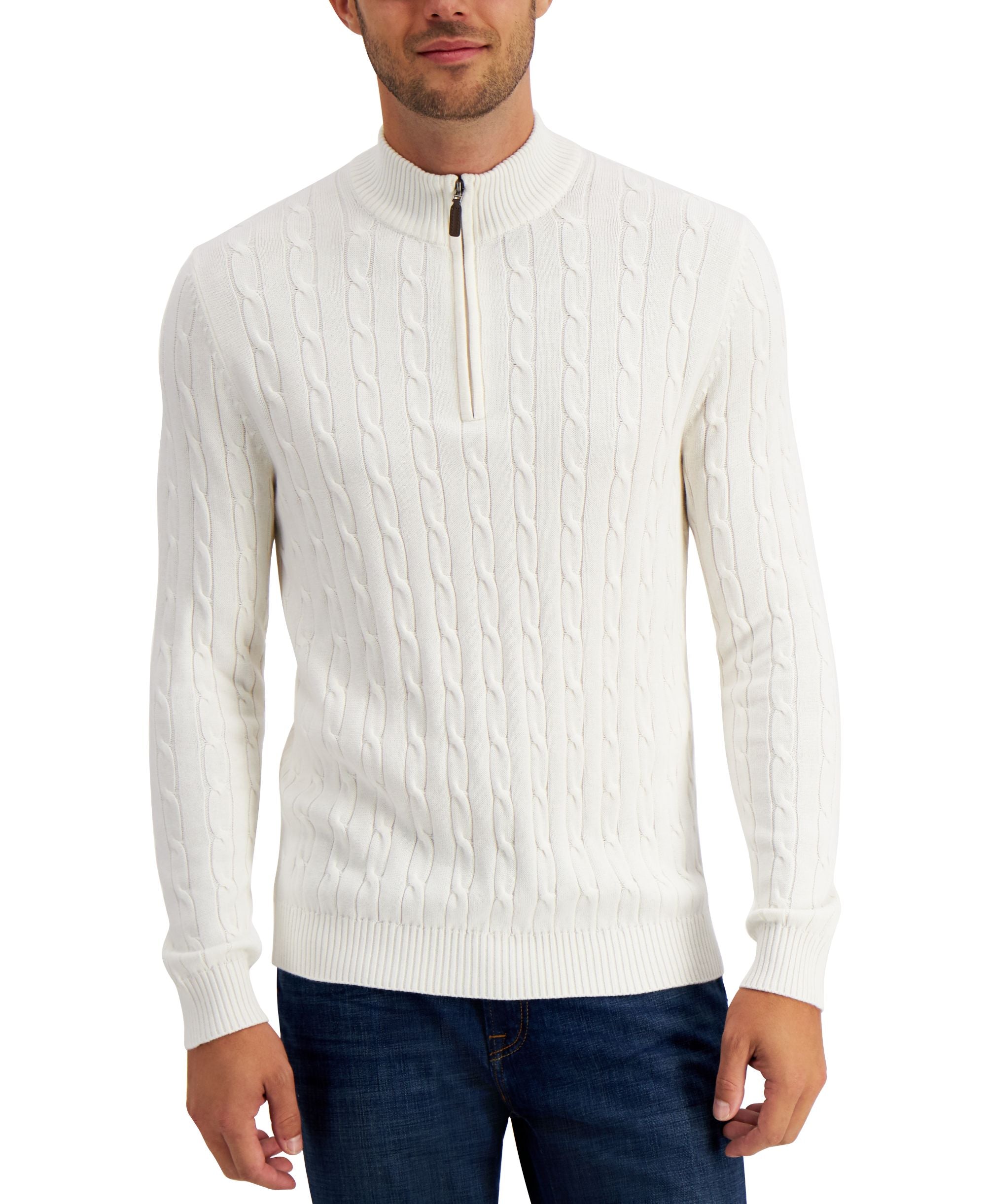 Men's Cable Knit Quarter-Zip Cotton Sweater