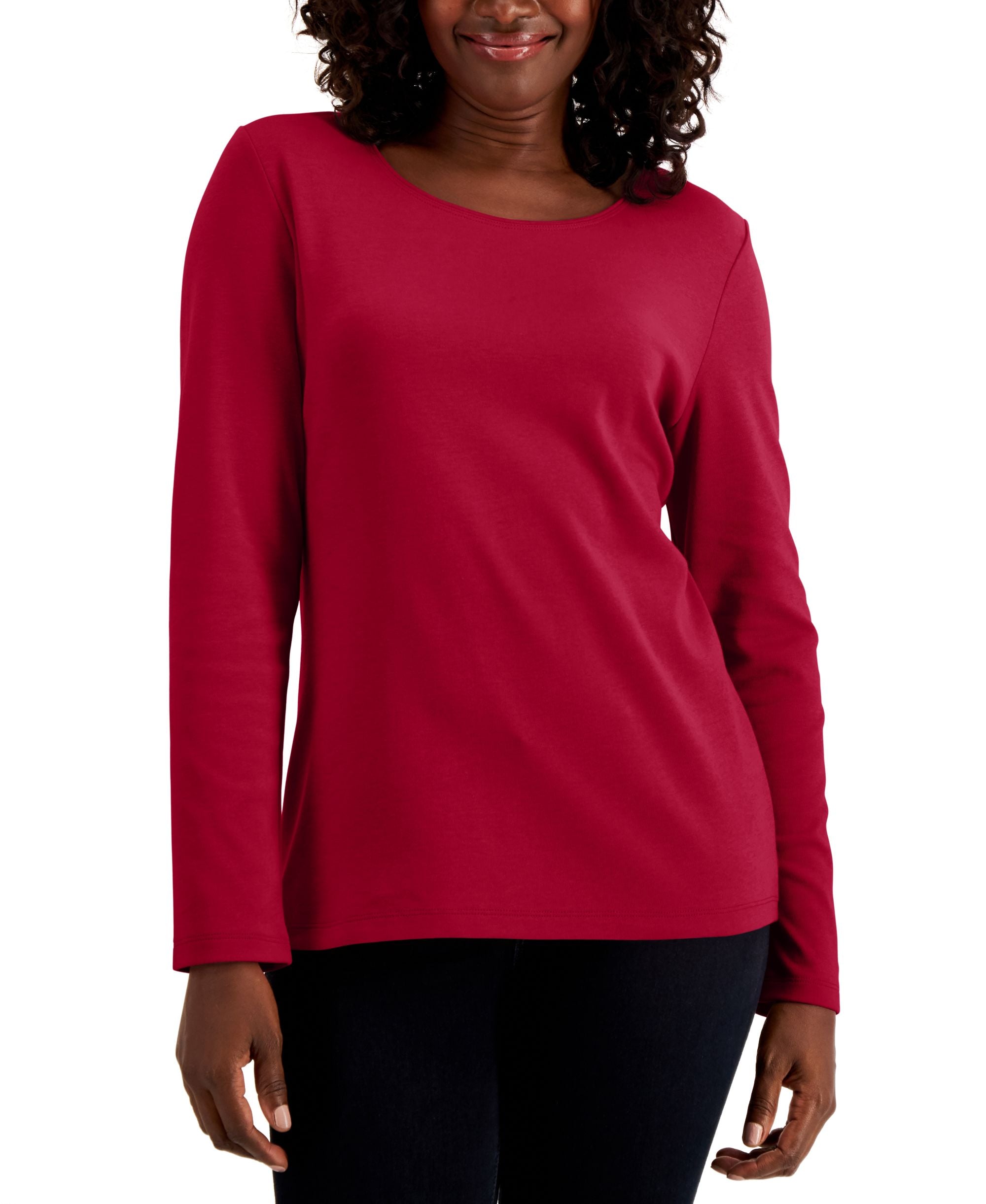 Karen Scott Petite Long Sleeve Cotton Scoop Neckline Top