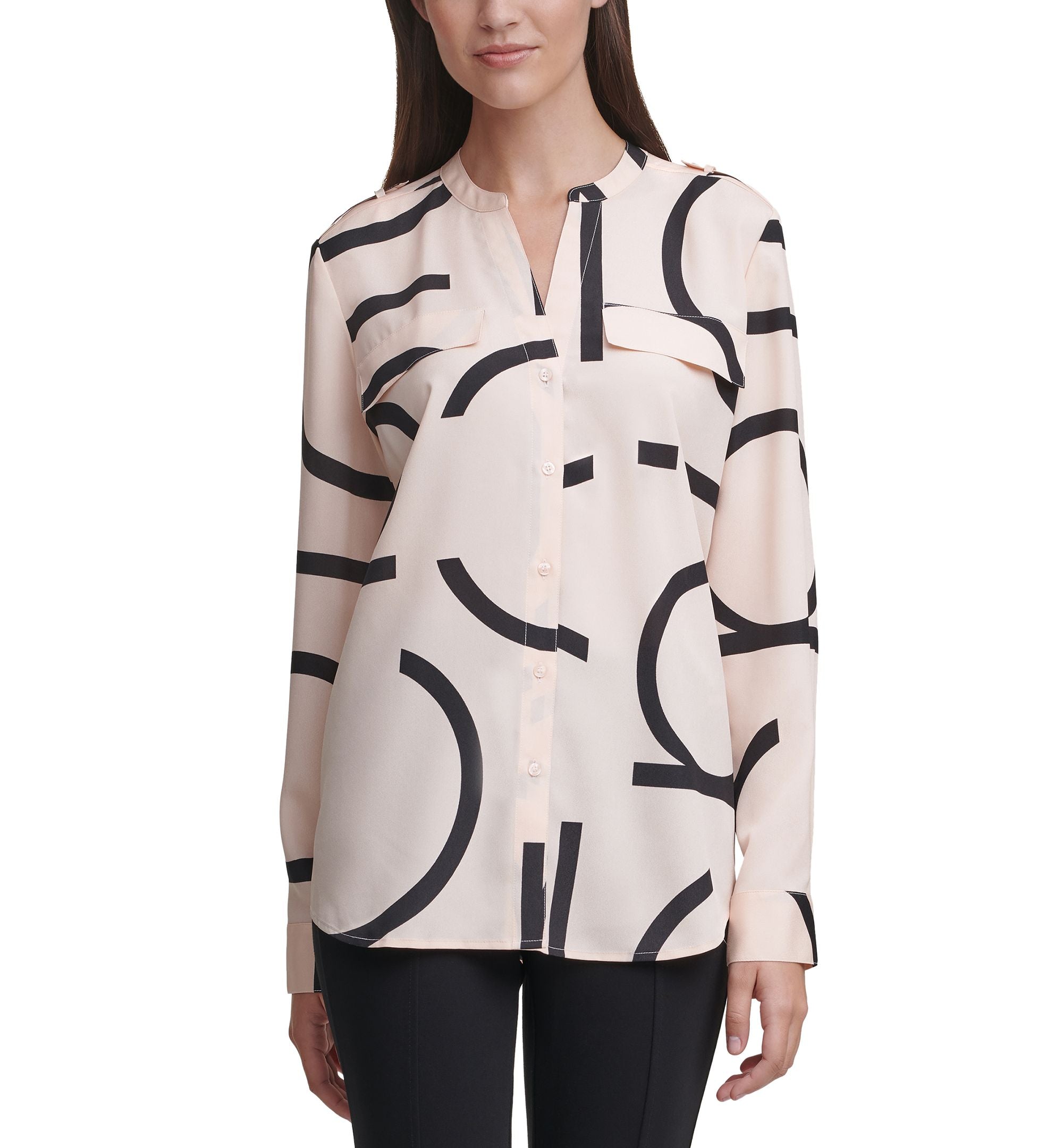 Long Sleeve Logo Button Front Blouse