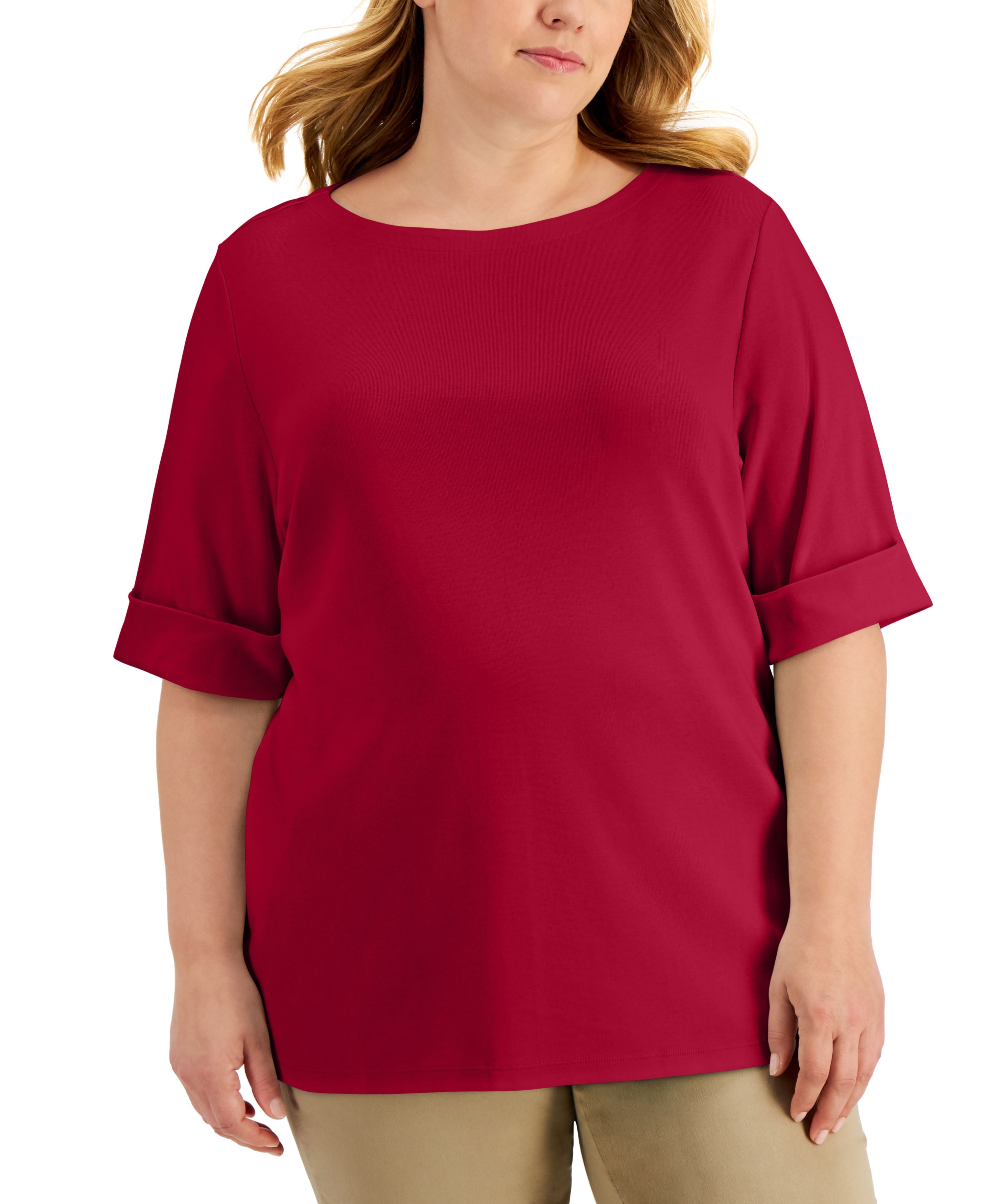 Plus Size Cotton Elbow-Sleeve Top