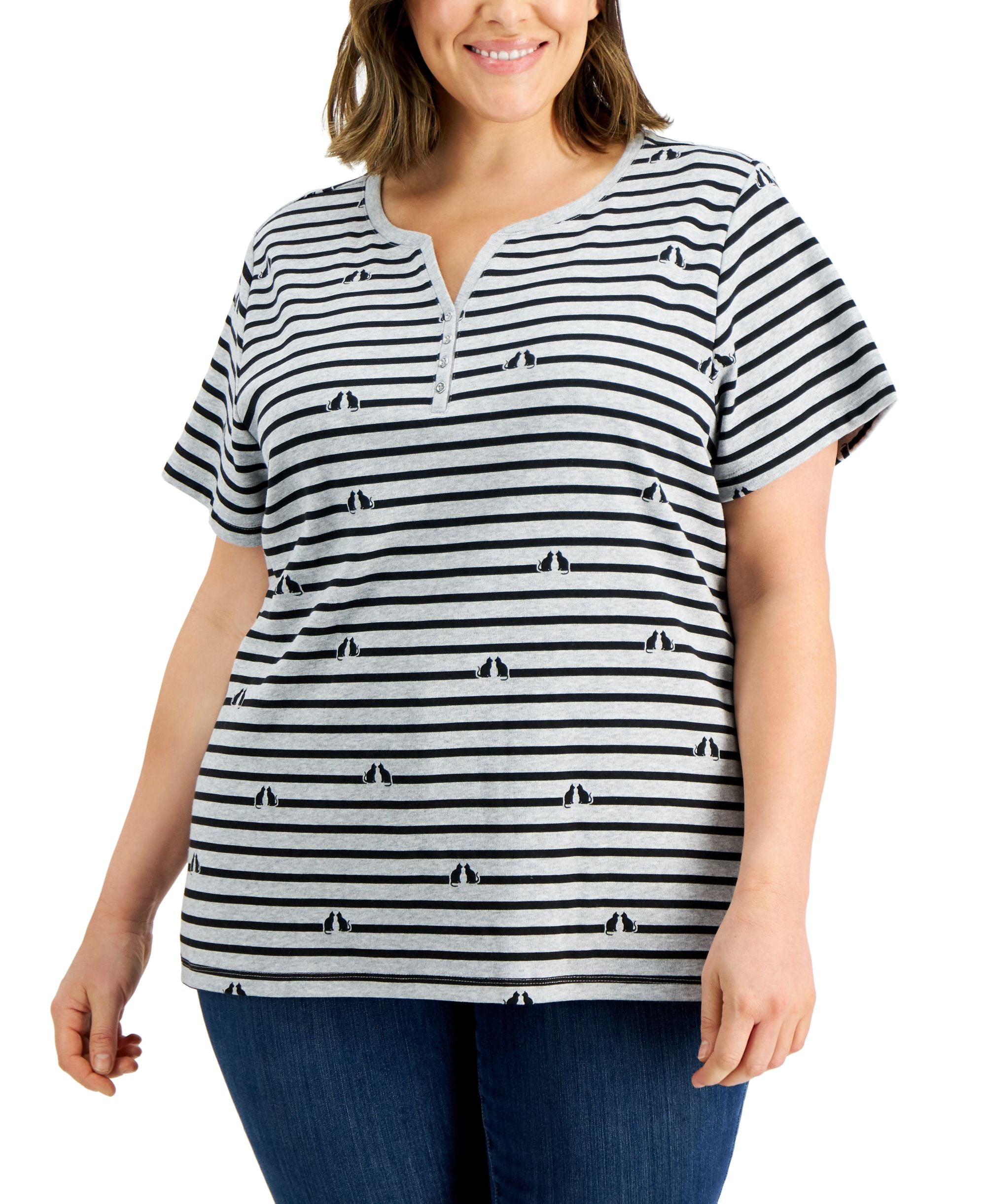 Karen Scott Plus Size Cat-Print Henley Top