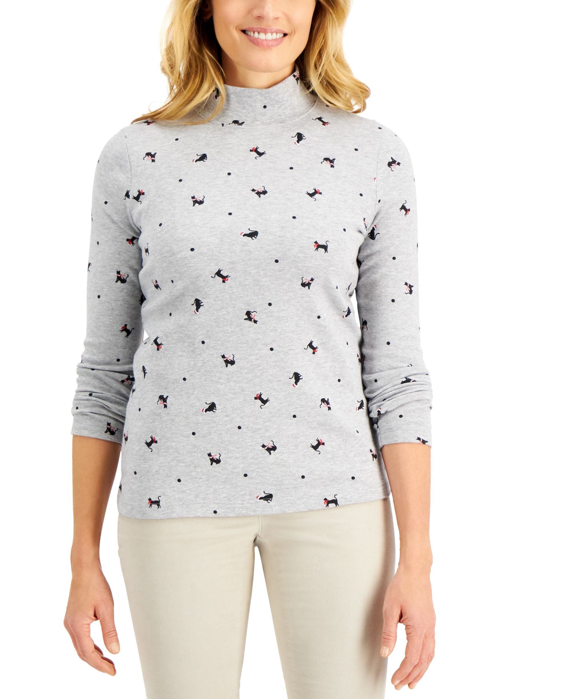 Cat-Print Mock-Neck Top