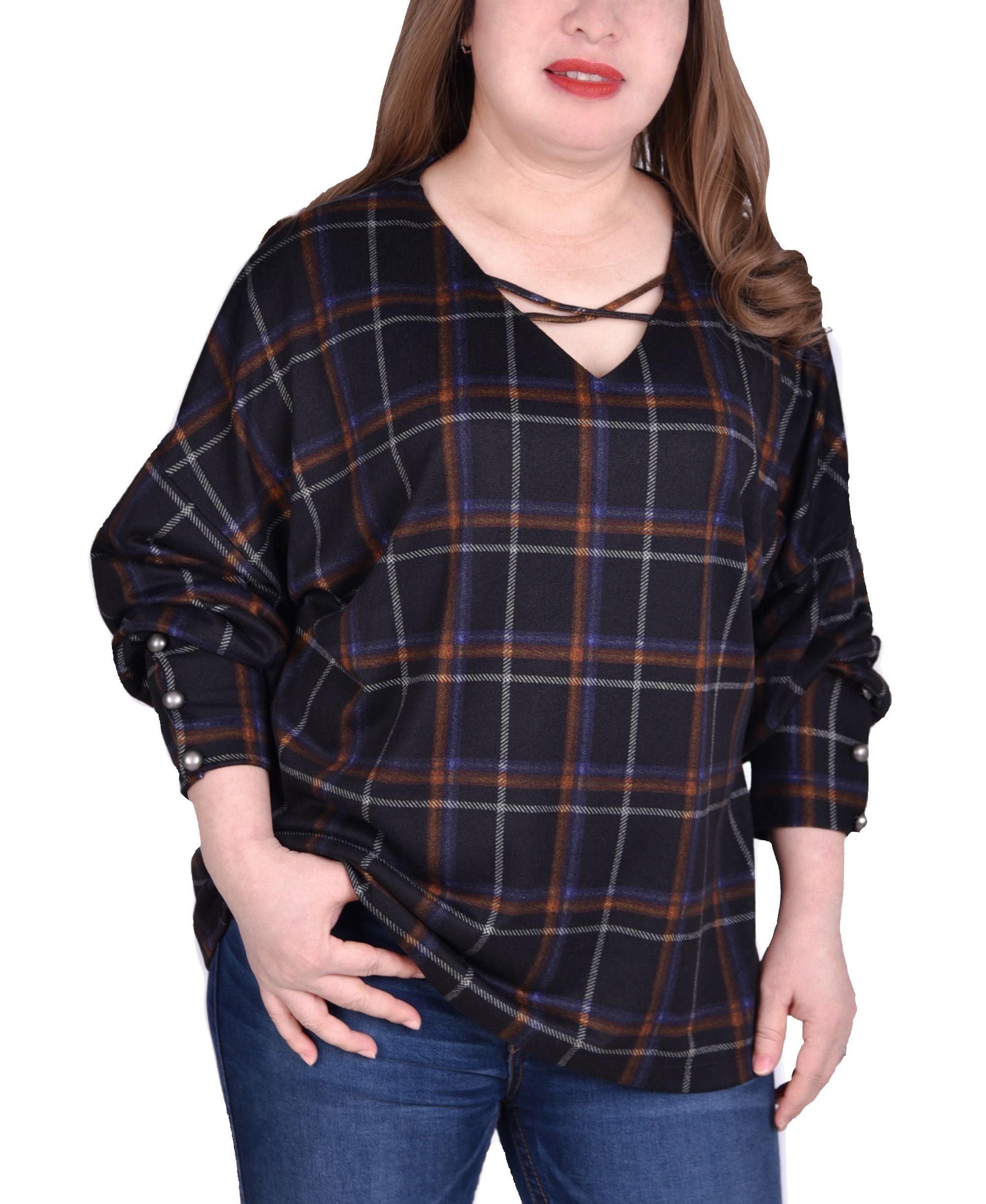 Women's Plus Size Long Sleeve Plaid Top