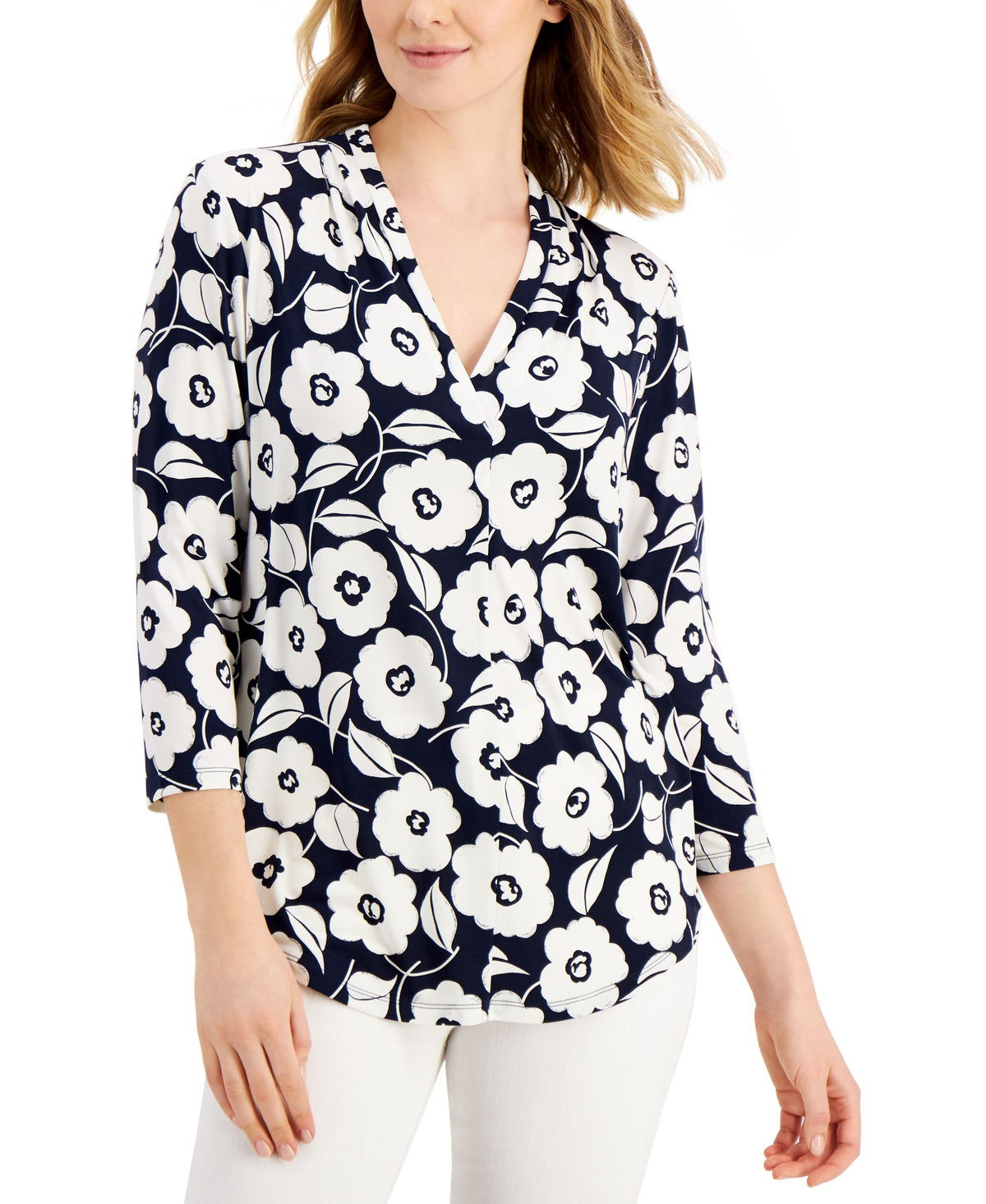 Charter Club Petite V Neck 3/4 Sleeve Top