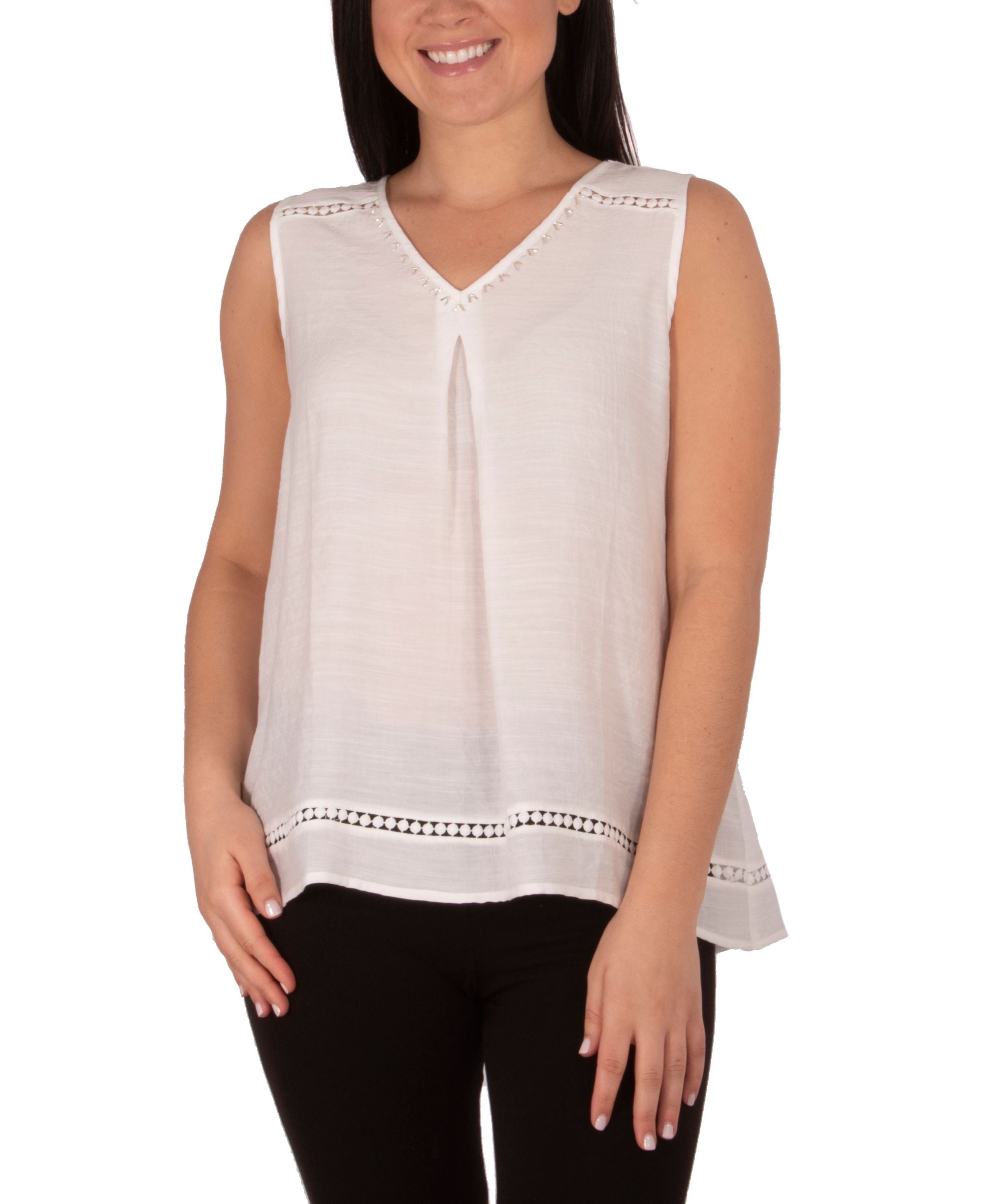 Womens Sleeveless V Neck Top With Beads Trim