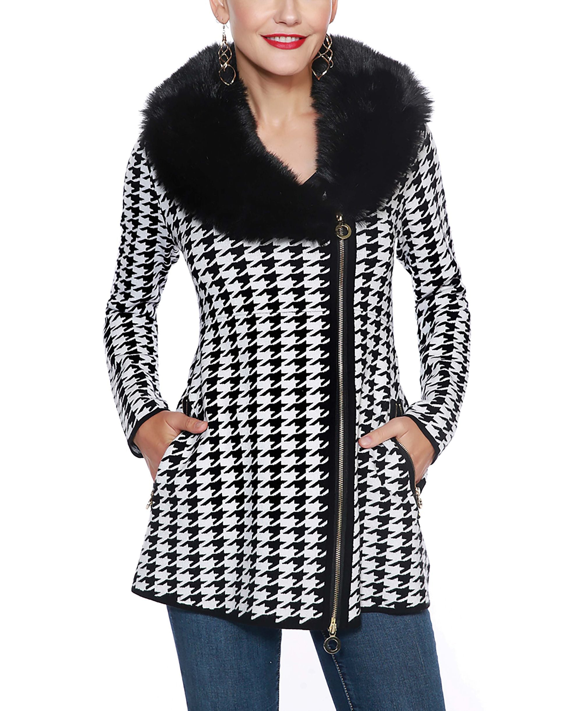 Belldini Black Label Houndstooth Faux Fur Collar Sweater Jacket