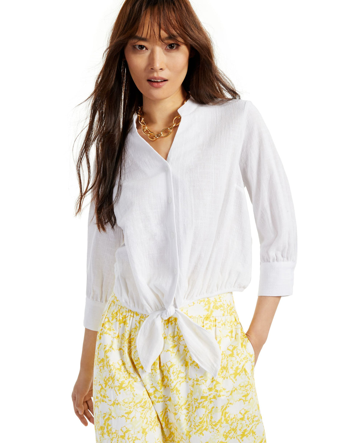 INC International Concepts Petite Tie Waist Button Front Top