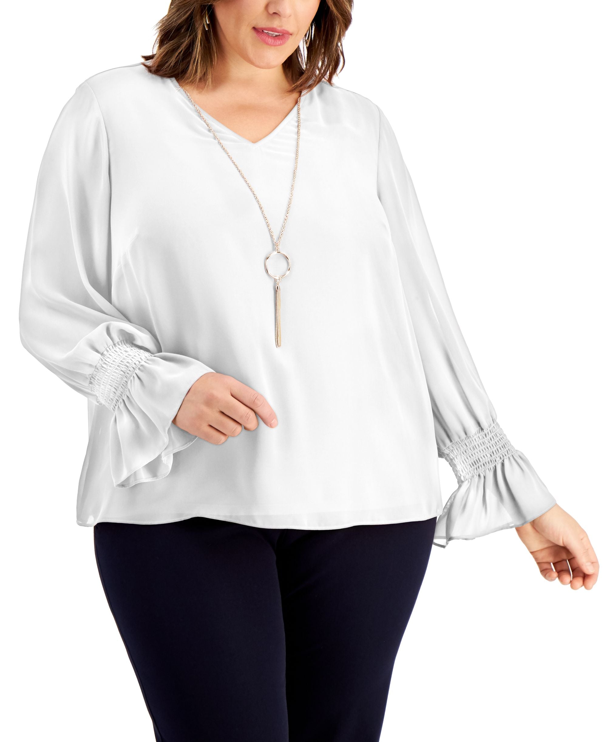 Plus Size Smocked-Sleeve Necklace Top