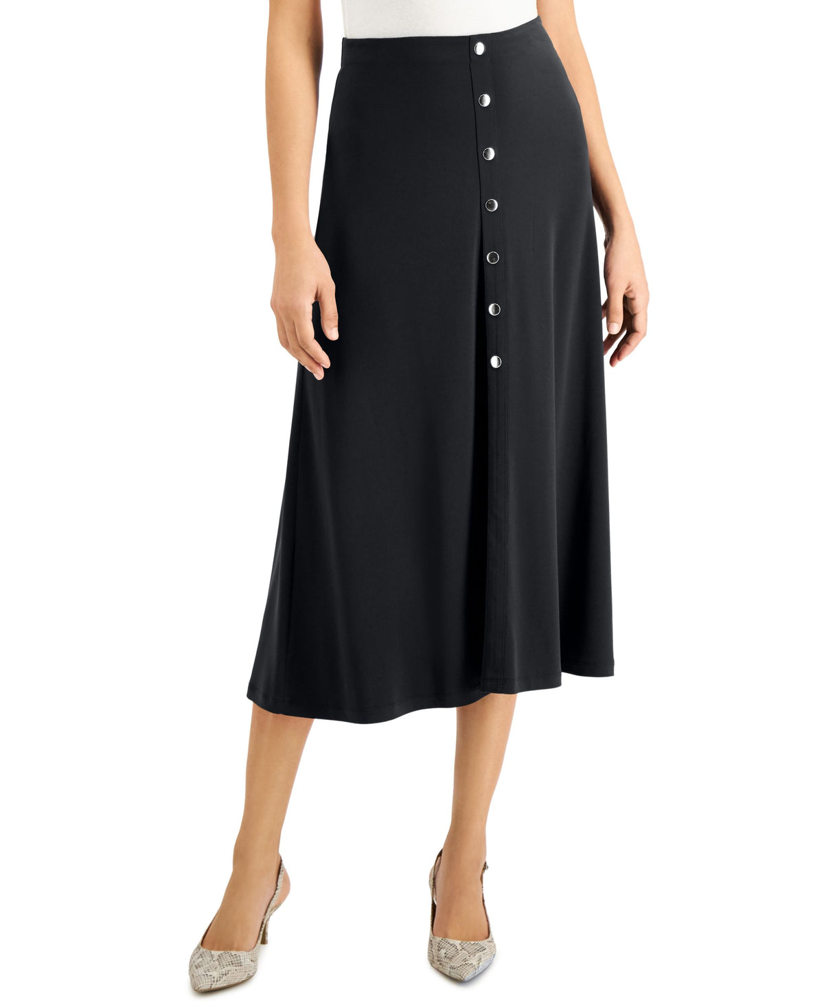 JM Collection Solid Button-Front Midi Skirt
