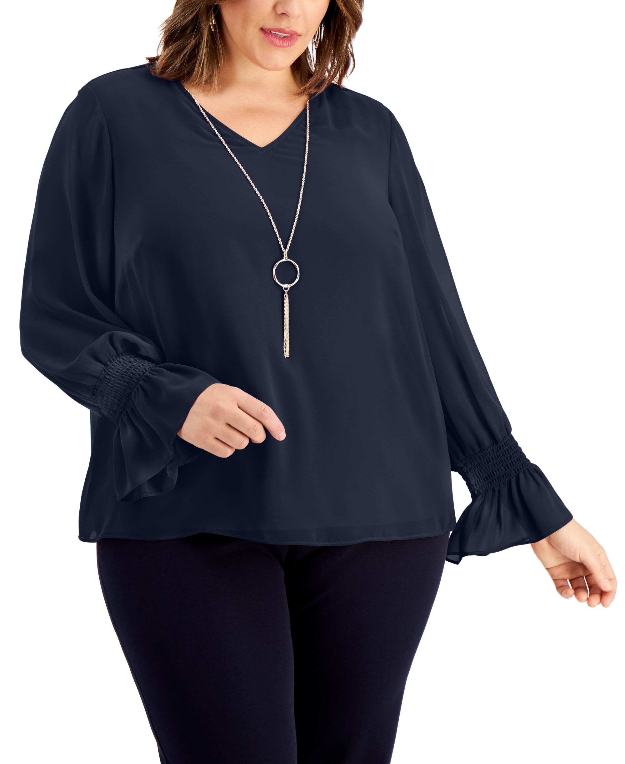Plus Size Smocked-Sleeve Necklace Top