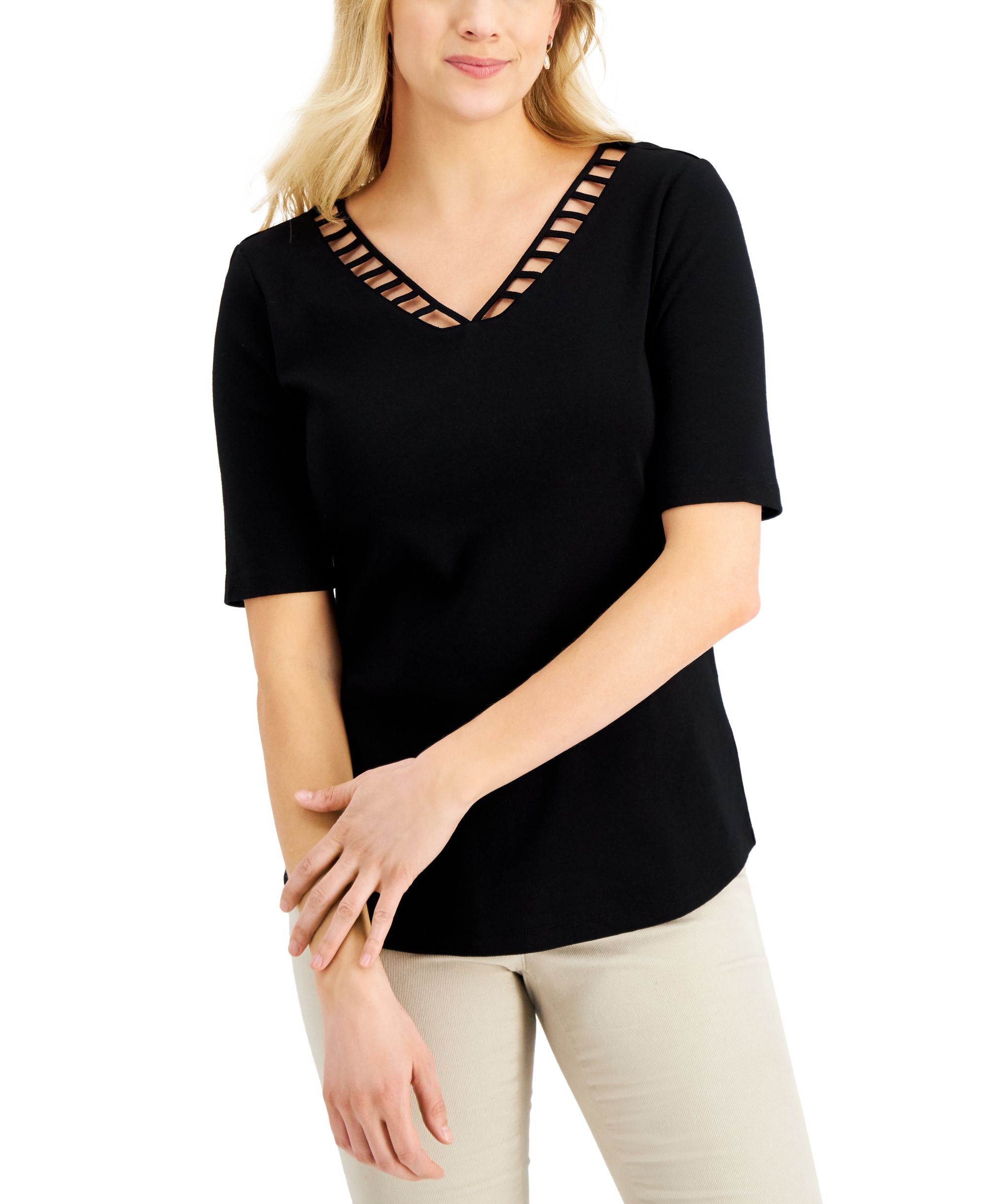 Karen Scott Elbow Sleeve Cutout V Neck Top