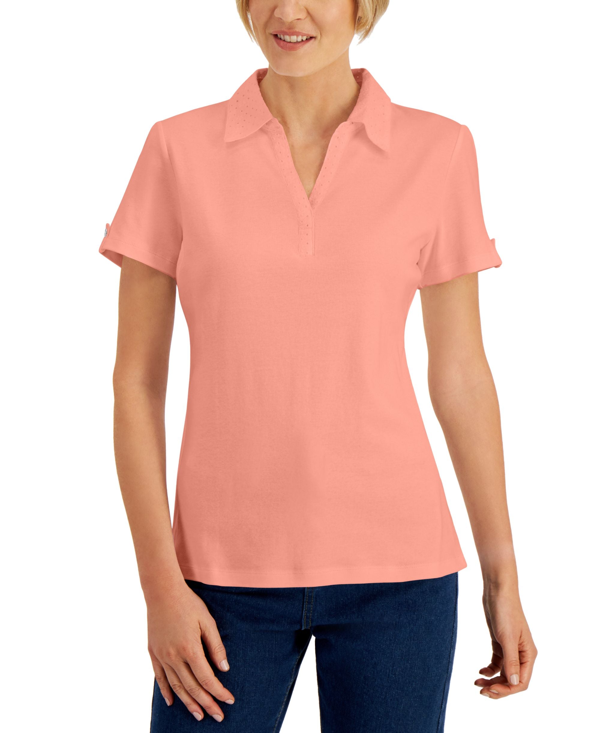 Cotton Eyelet-Trim Collared Top