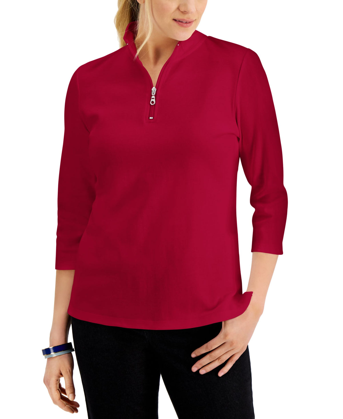 Karen Scott Cotton Zip Neck Top