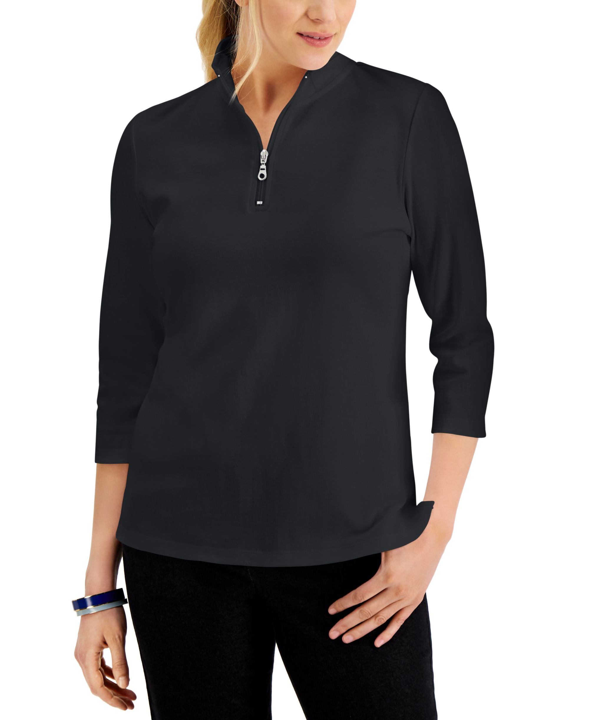 Karen Scott Cotton Zip Neck Top