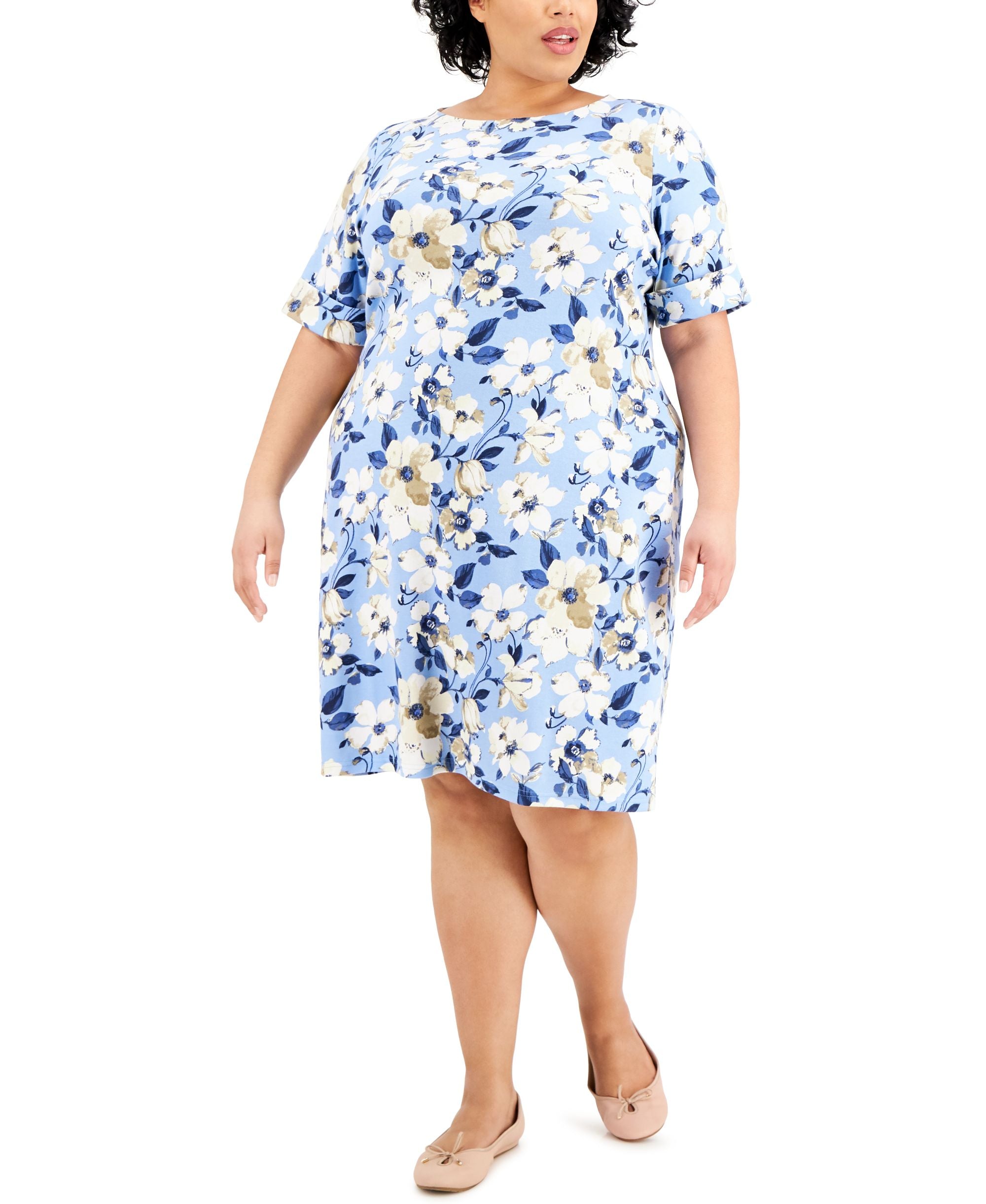 Karen Scott Plus Size Floral Print Boatneck Dress