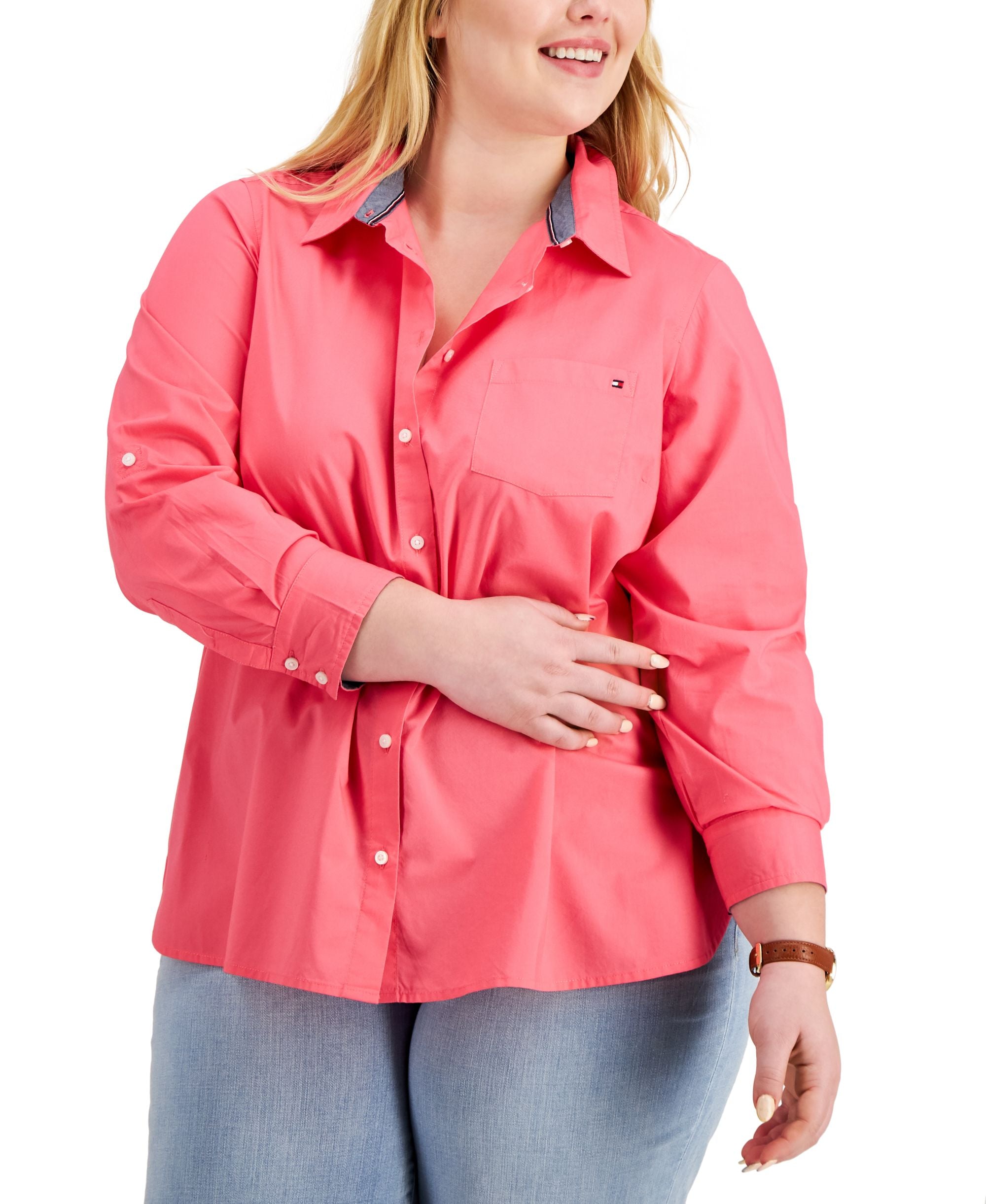 Plus Size Roll Tab Button-Up Shirt