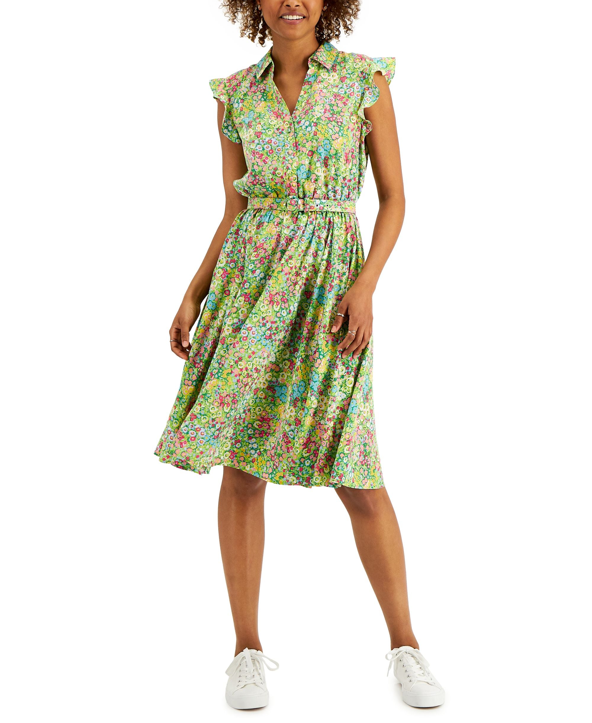 Charter Club Petite Flutter Sleeve Belted Dress