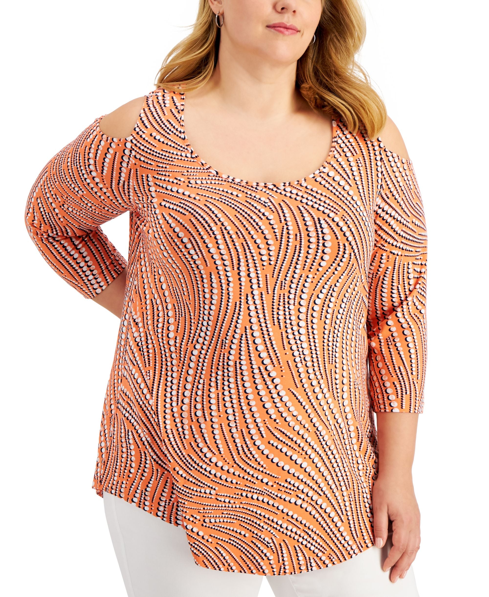 JM Collection Plus Size Printed Cold-Shoulder Top