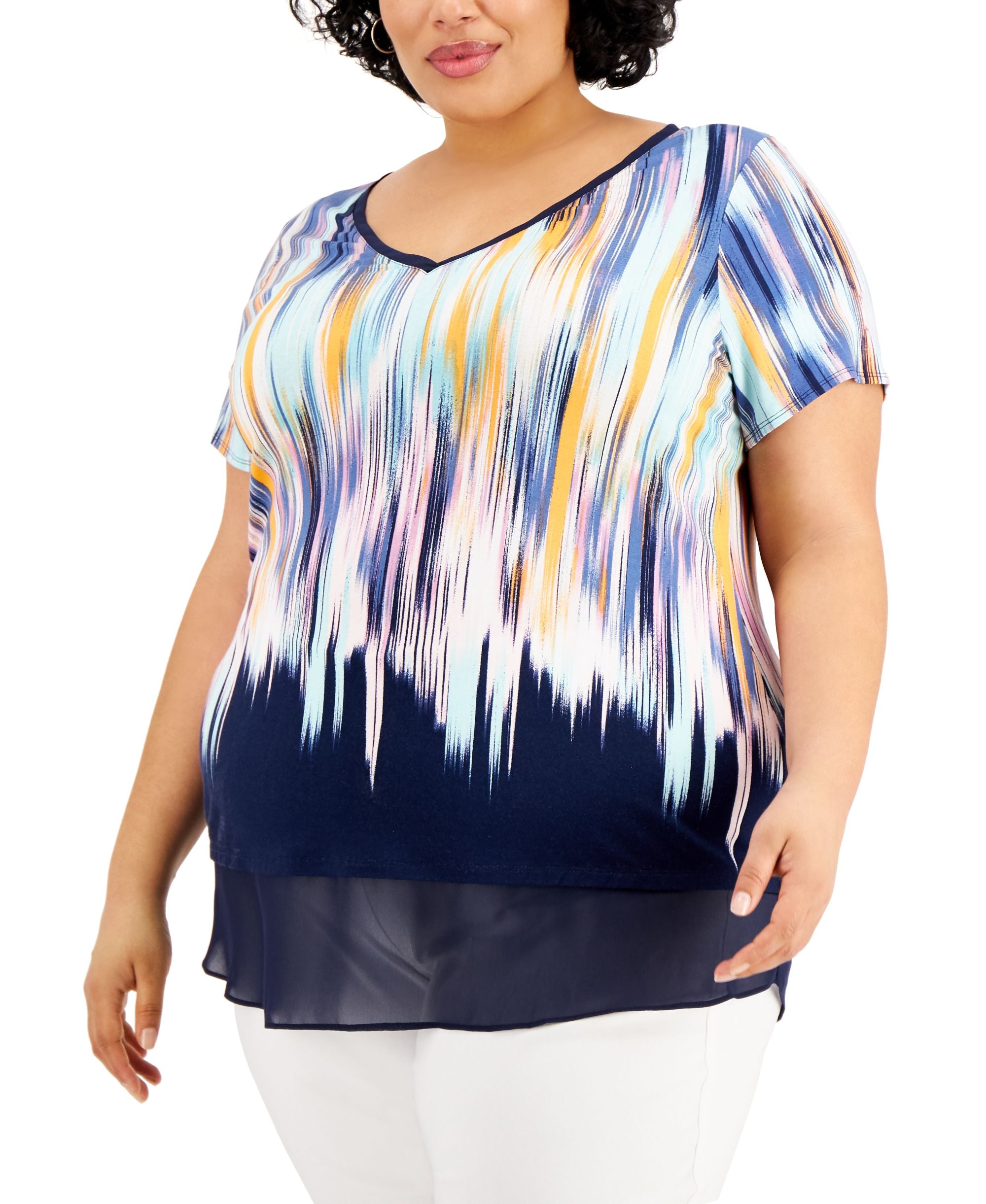 JM Collection Plus Size Printed Layered Hem Top