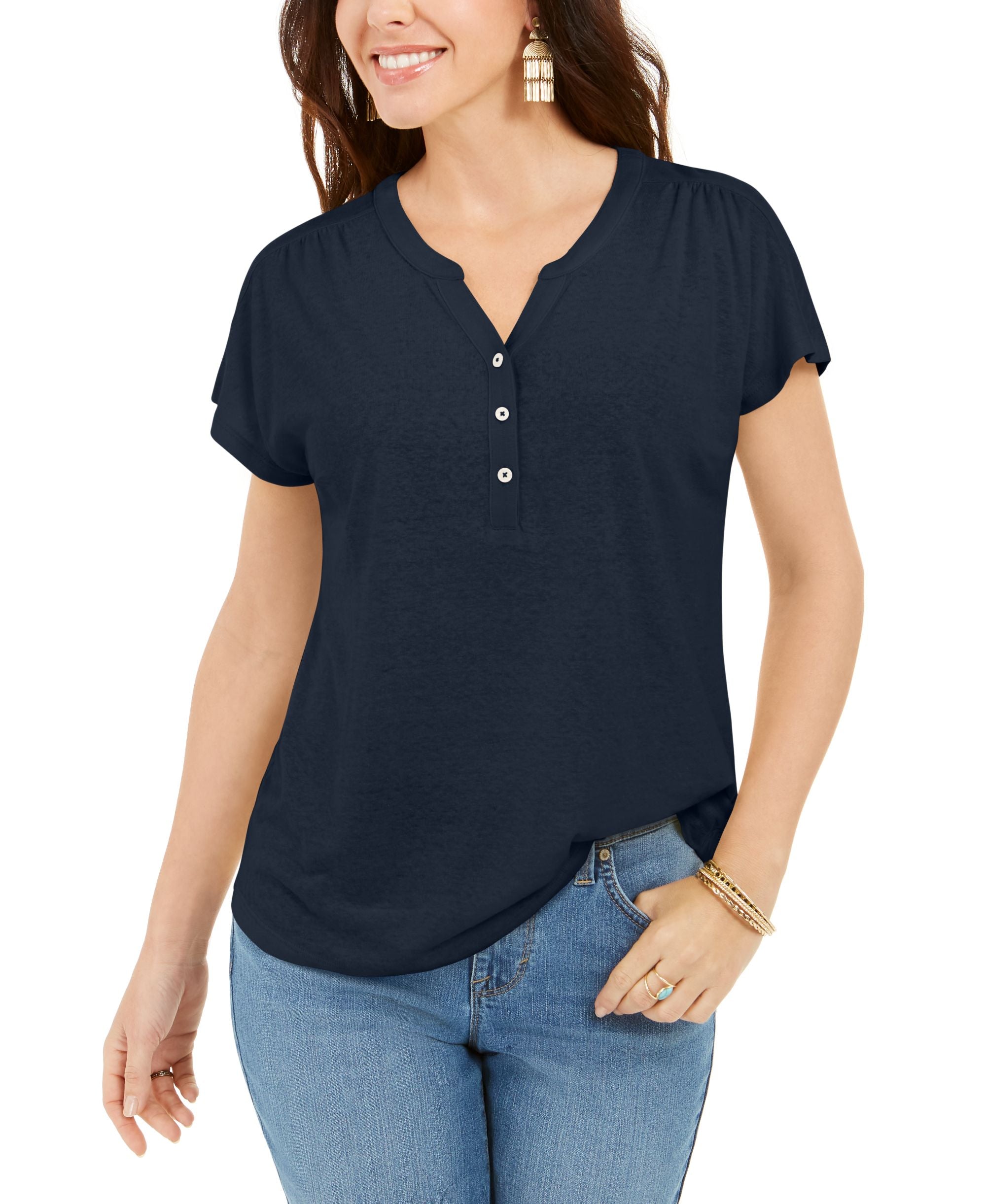 Style & Co Petite Linen Blend Henley Top