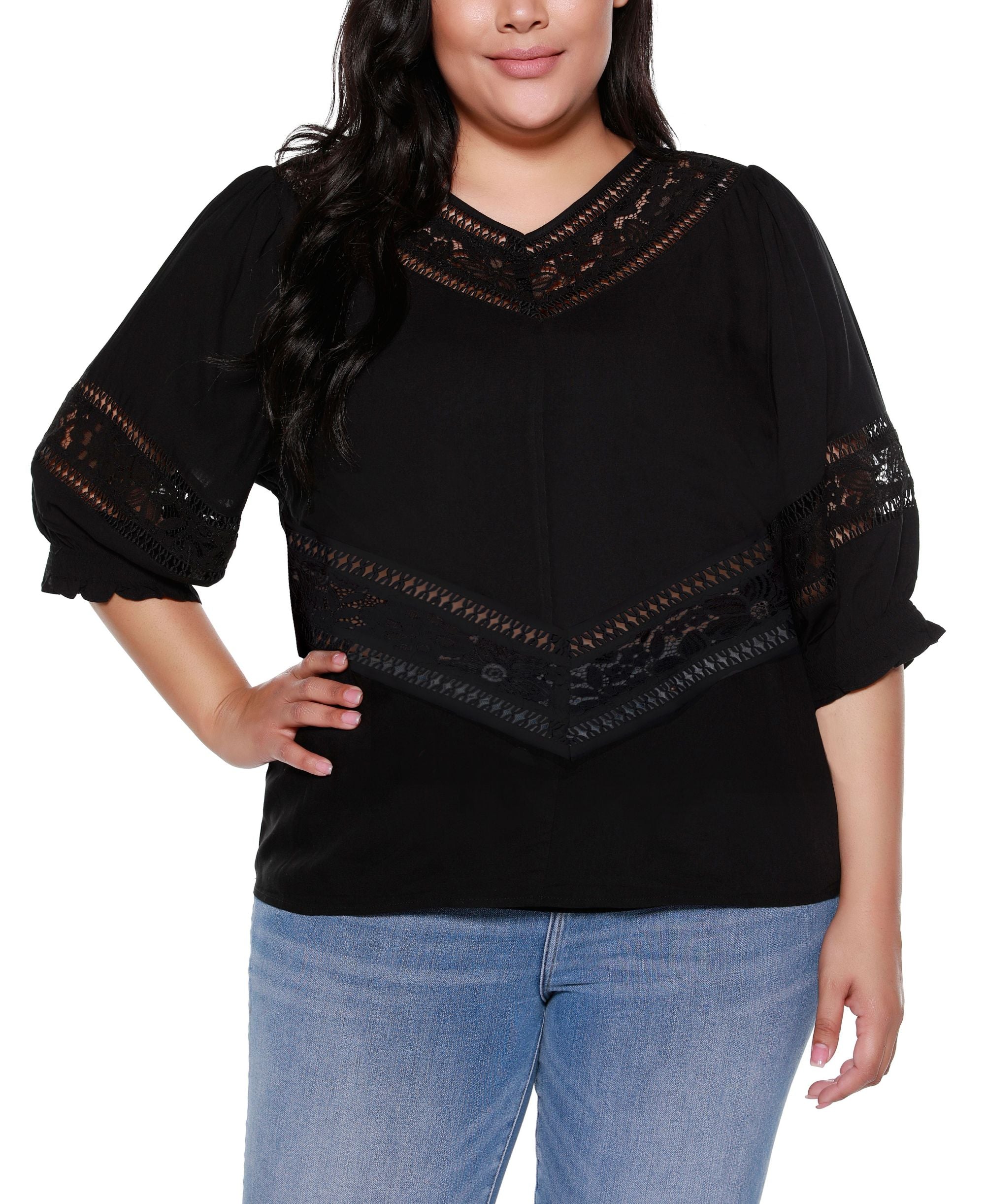 Belldini Black Label Plus Size 3/4 Blouson Sleeve V Neck Top