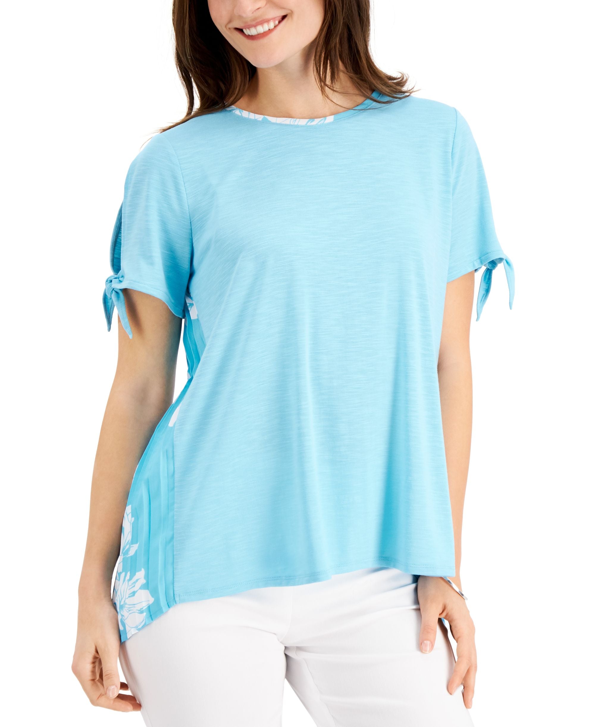 JM Collection Mixed-Media Tied-Sleeve Top