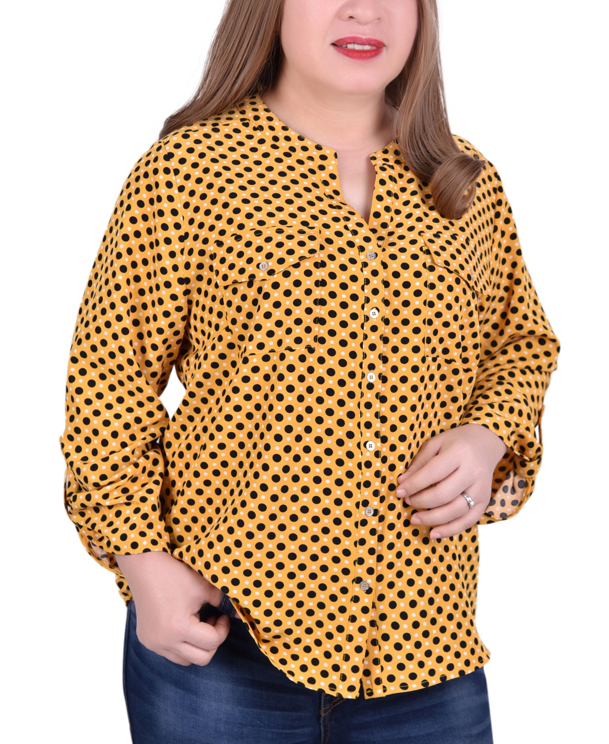 Plus Size 3/4 Roll Tab Sleeve Mandarin Collar Blouse
