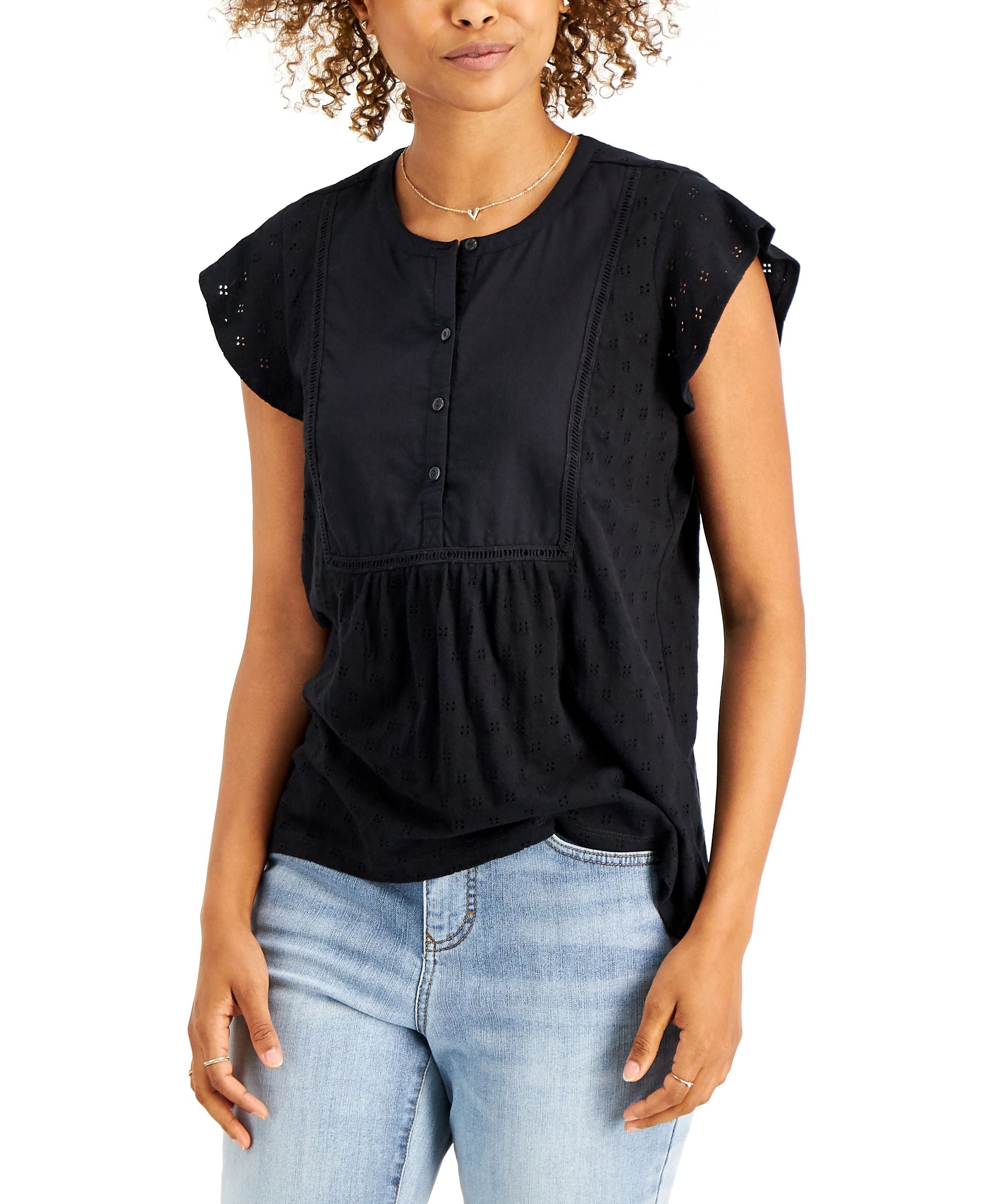 Style & Co Cotton Ruffled-Sleeve Eyelet Top