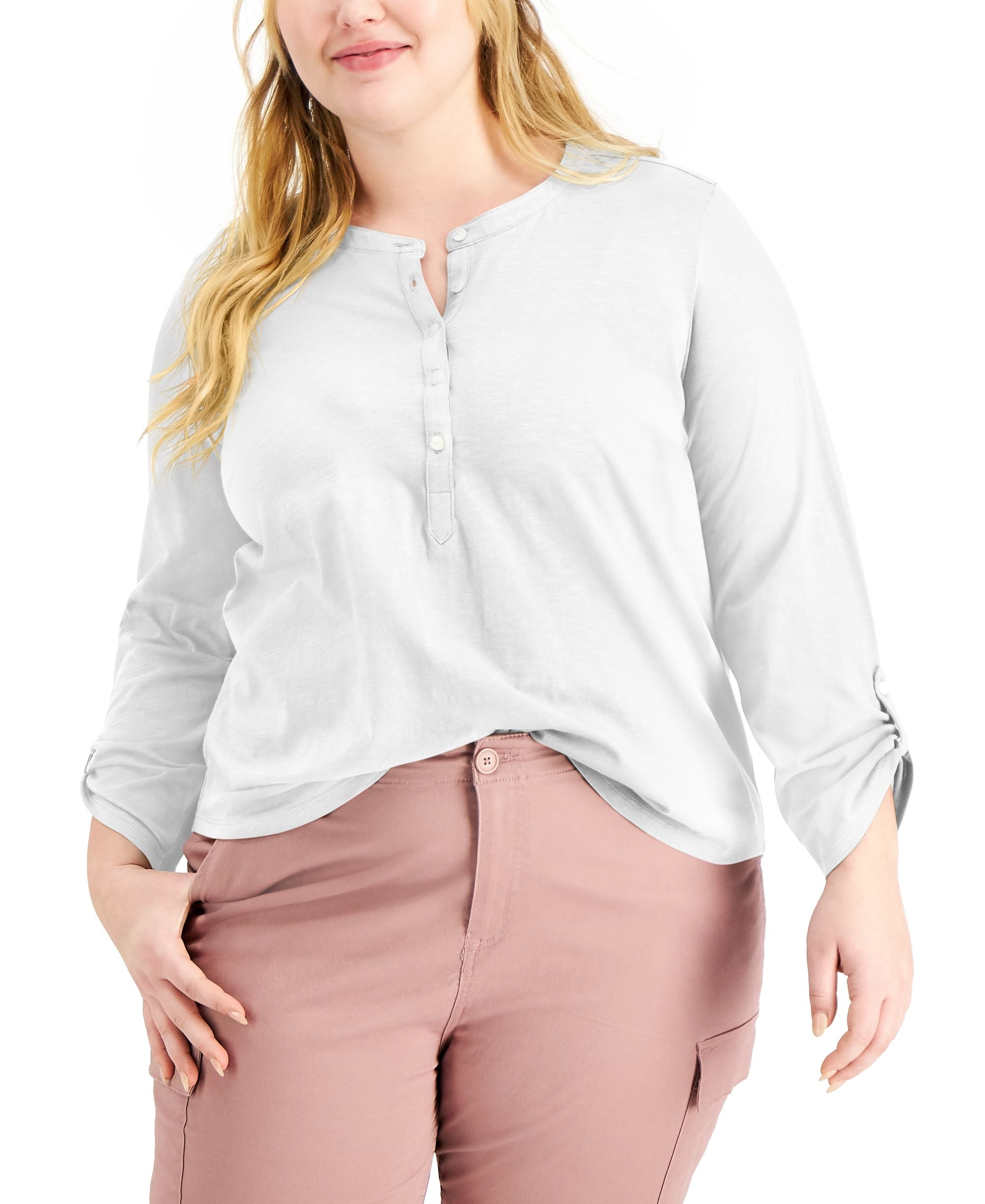 Style & Co Plus Size Cotton Roll Tab Henley Top