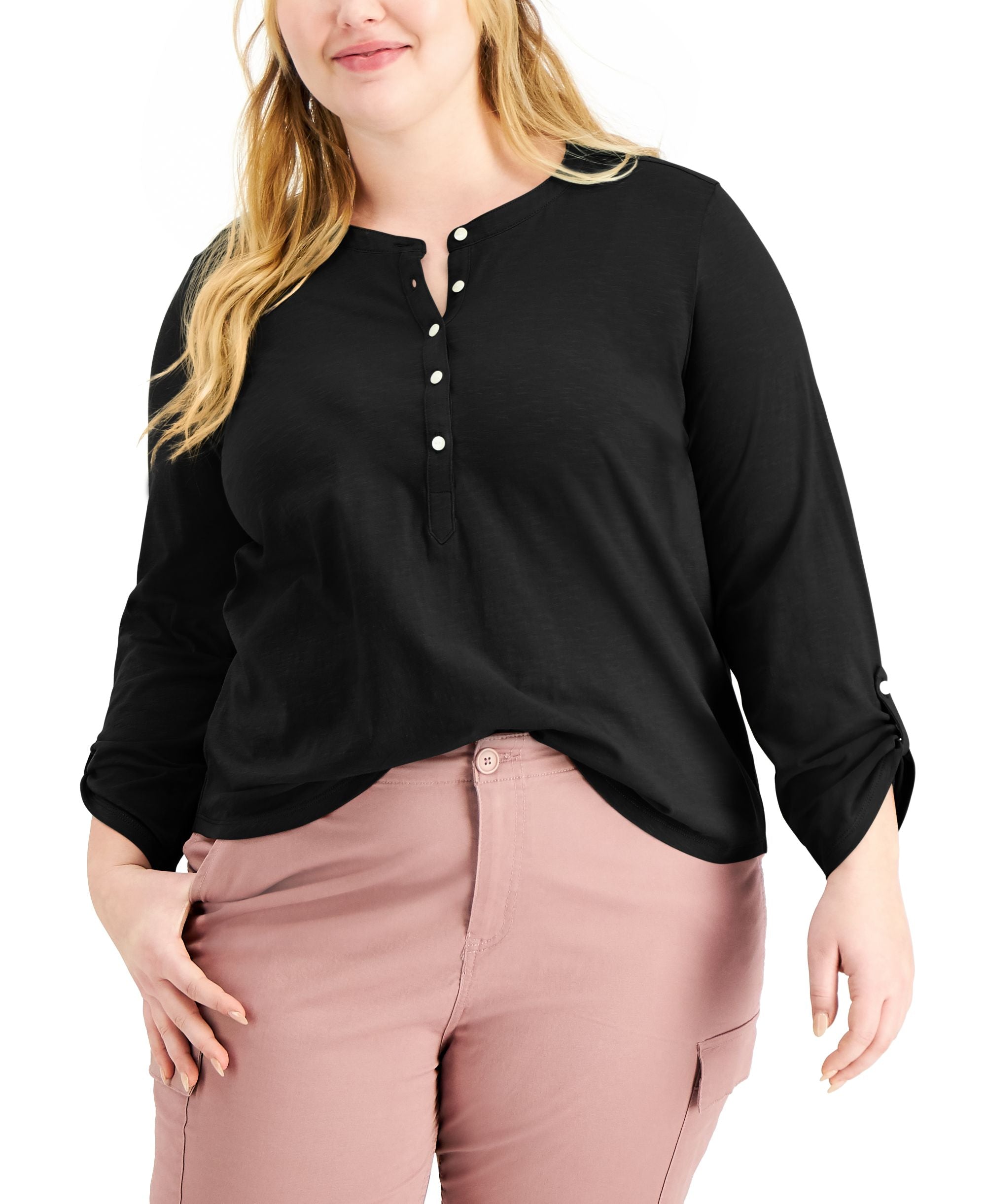Style & Co Plus Size Cotton Roll Tab Henley Top