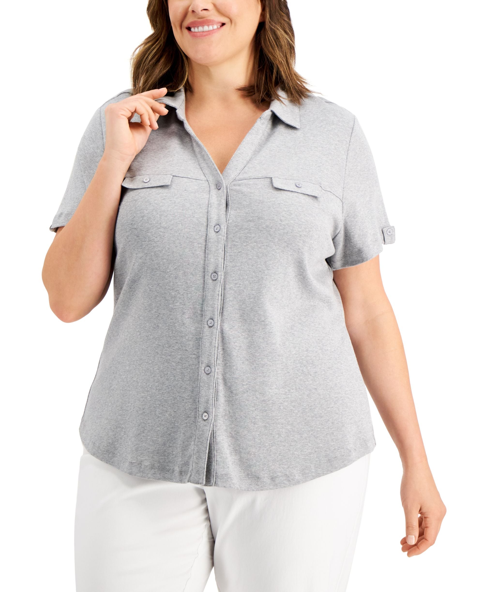 Karen Scott Plus Size Cotton Knit Utility Shirt