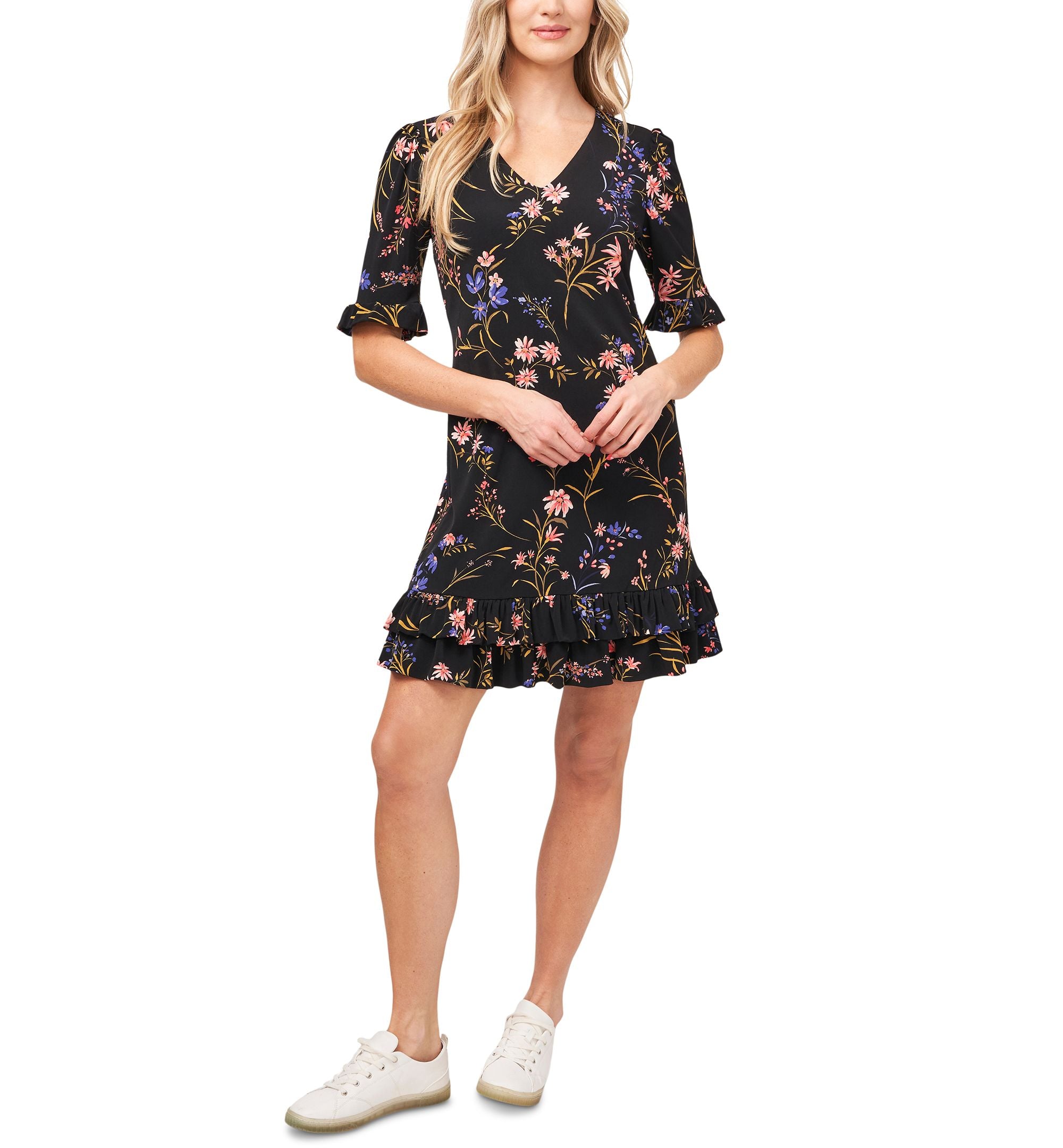 Women's Floral-Print Ruffled Short Sleeve V-Neck Dress