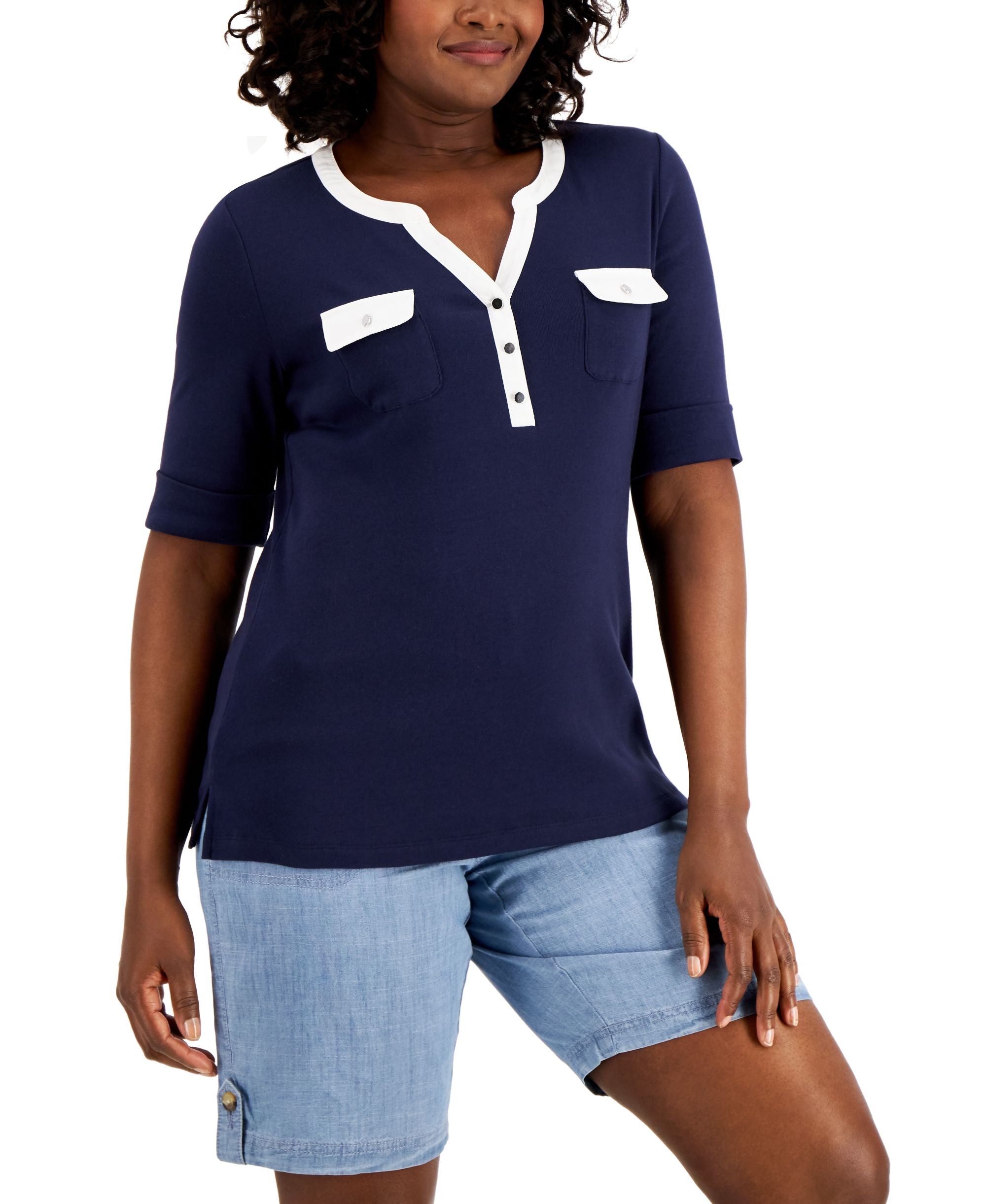 Karen Scott Contrast-Trim Cotton Top