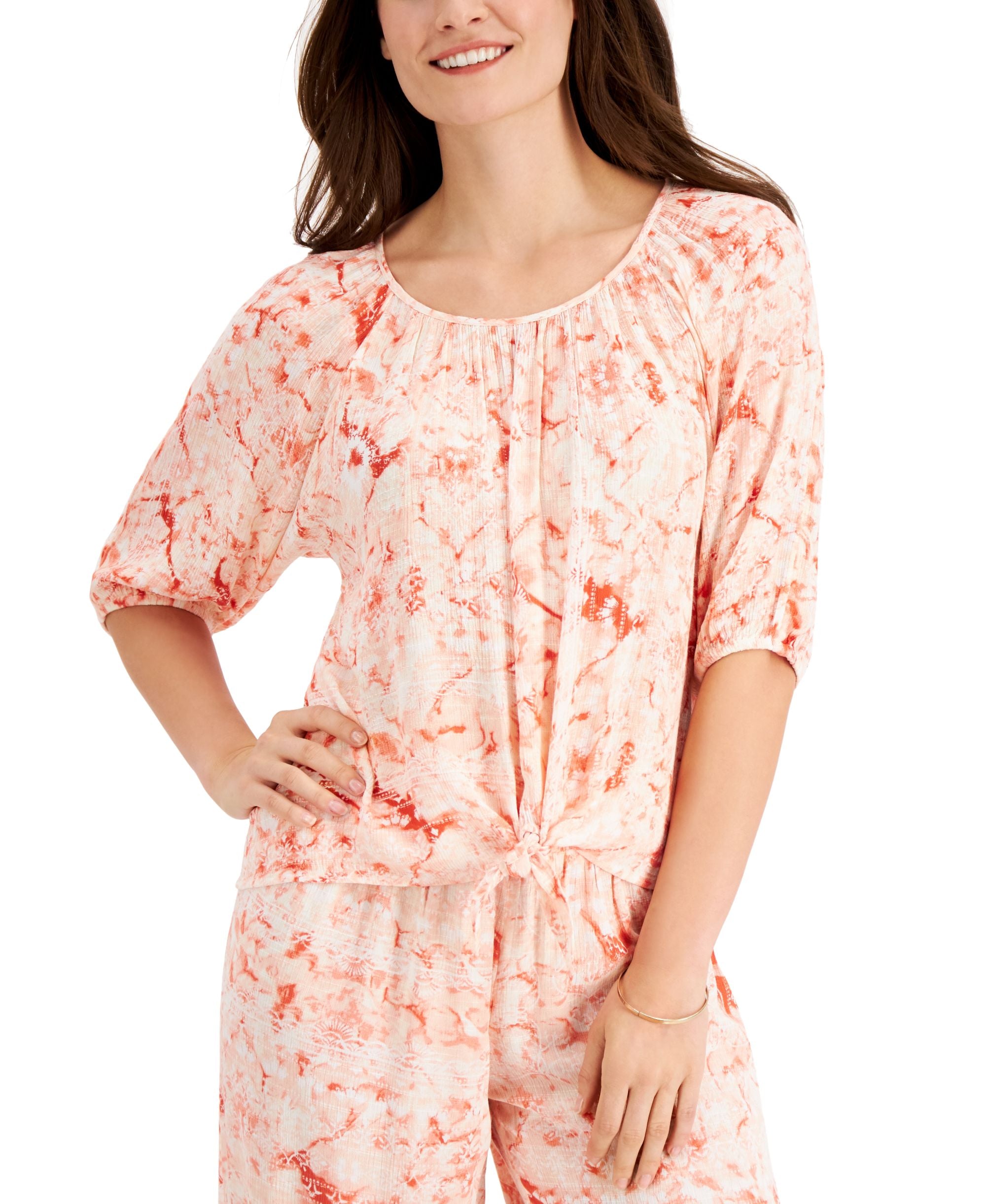 JM Collection Ariana Printed Gauze Tie Front Top