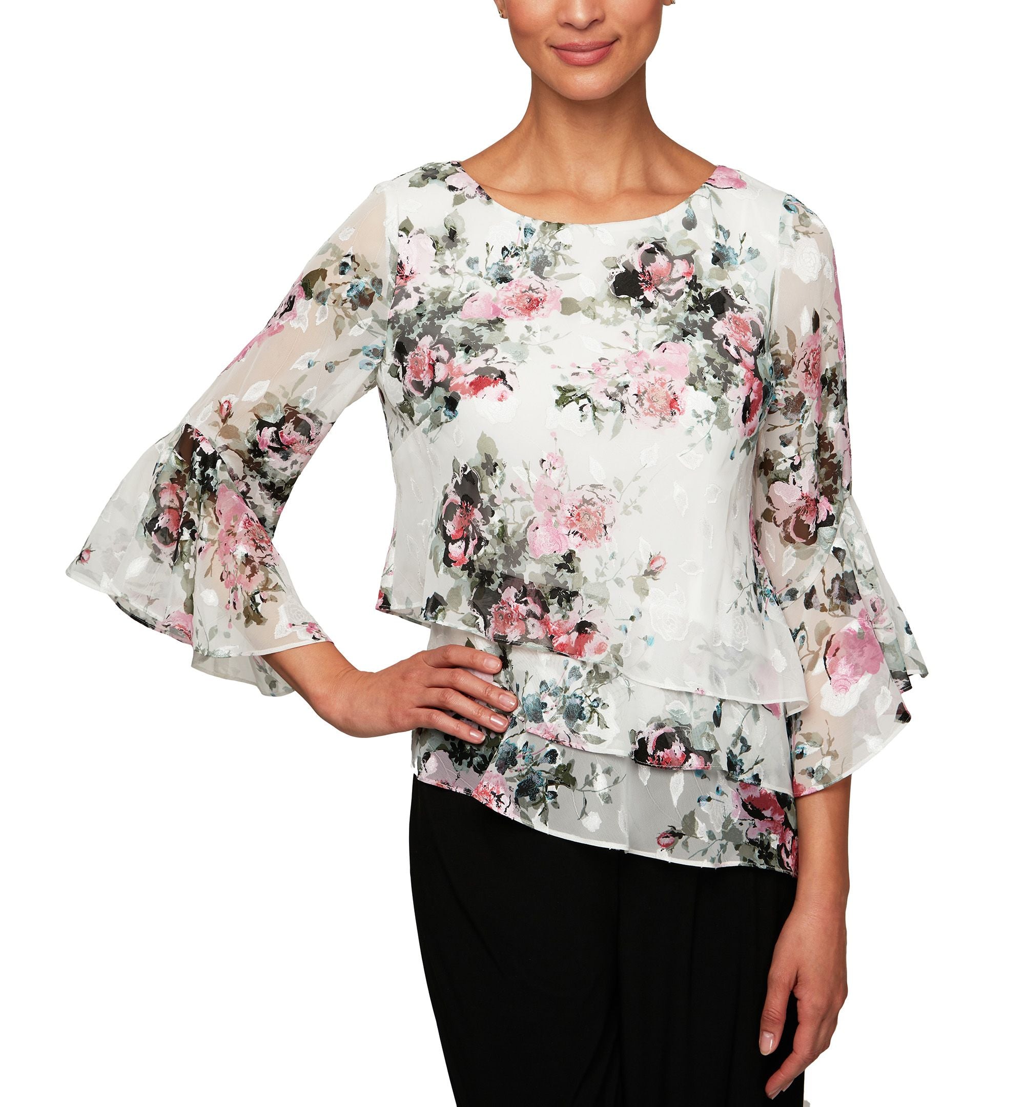 Floral-Print Asymmetrical-Hem Bell-Sleeve Tiered Top