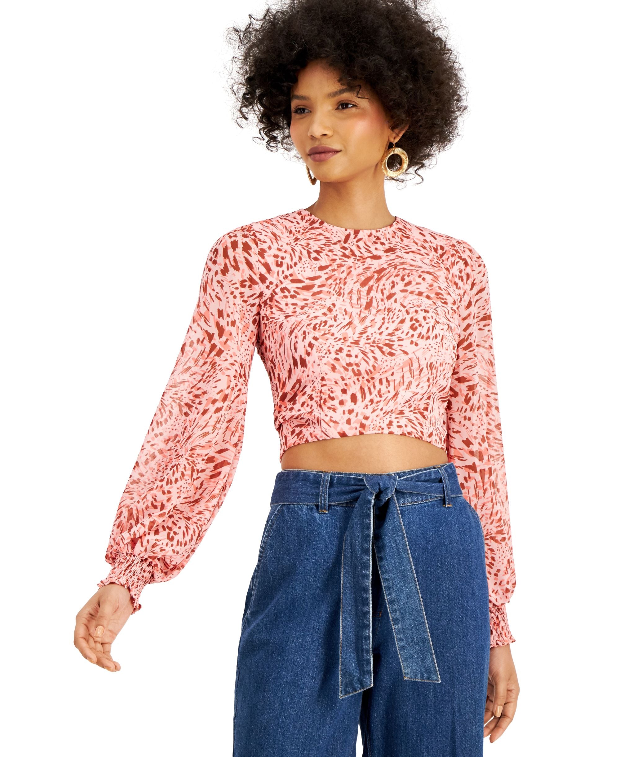 Bar III Printed Cropped Tie Back Blouse