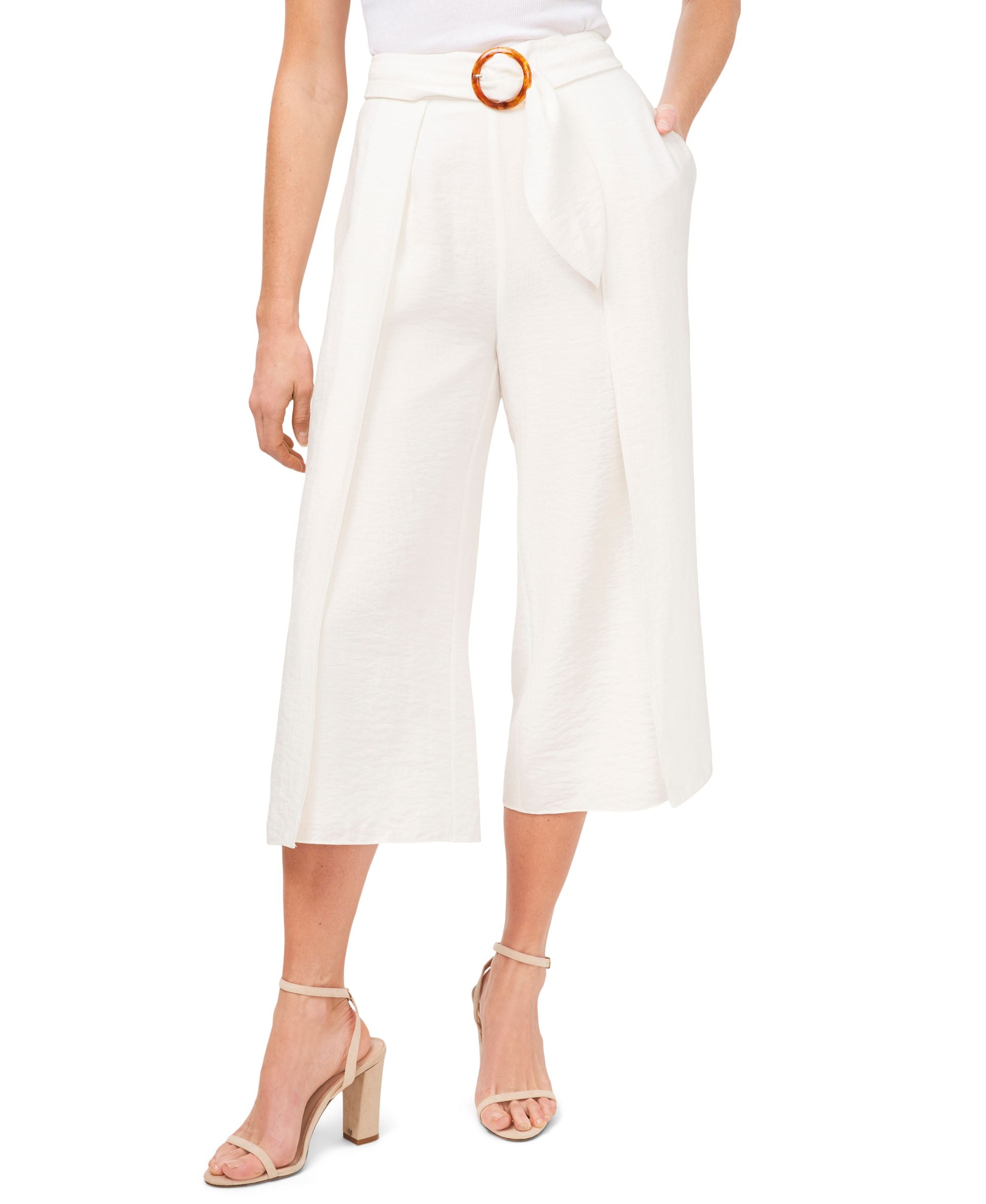 Women's Wide-Leg Belted-Waist Cropped Culotte Pants