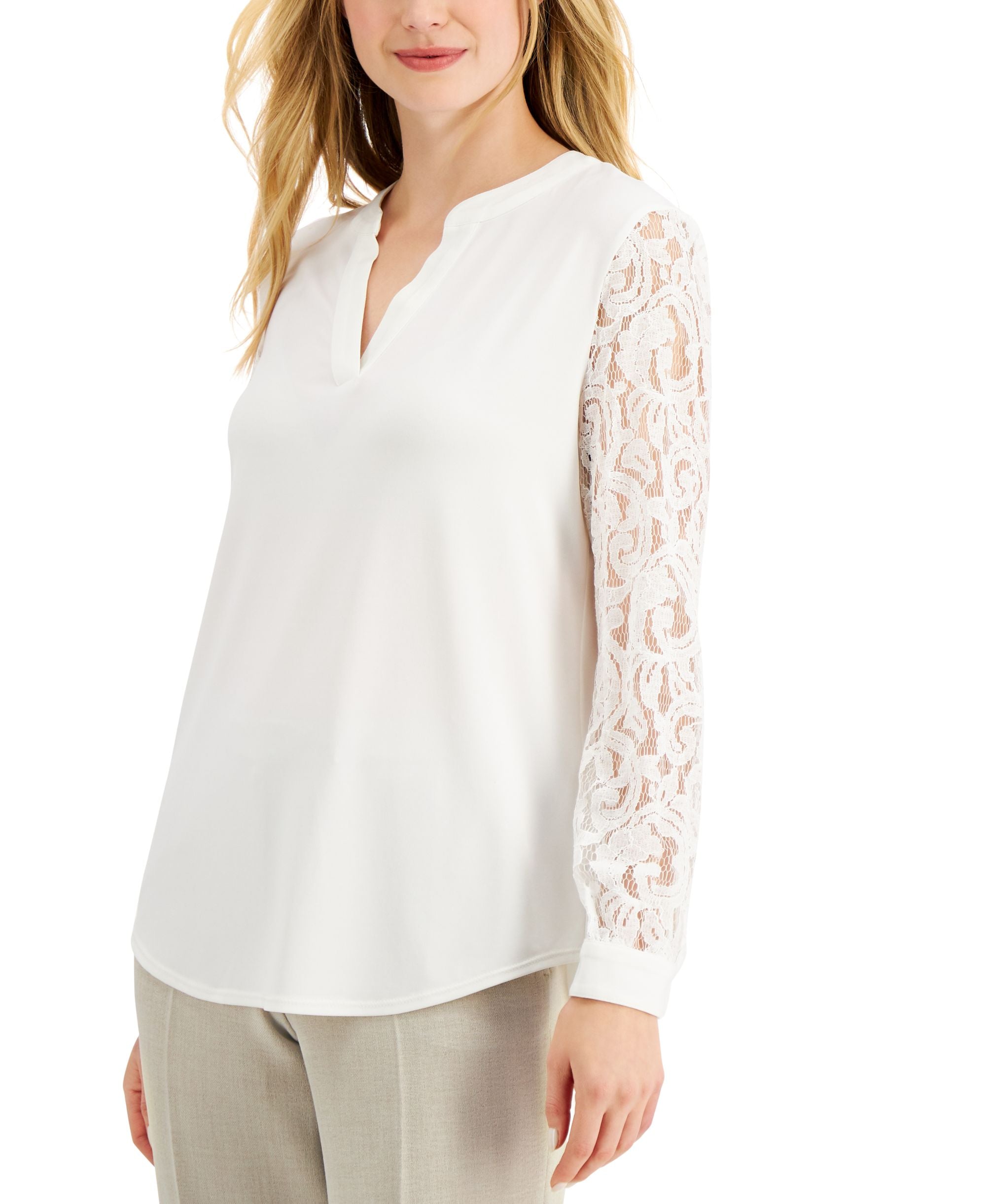 Kasper Womens Split Neck Lace Sleeve Blouse