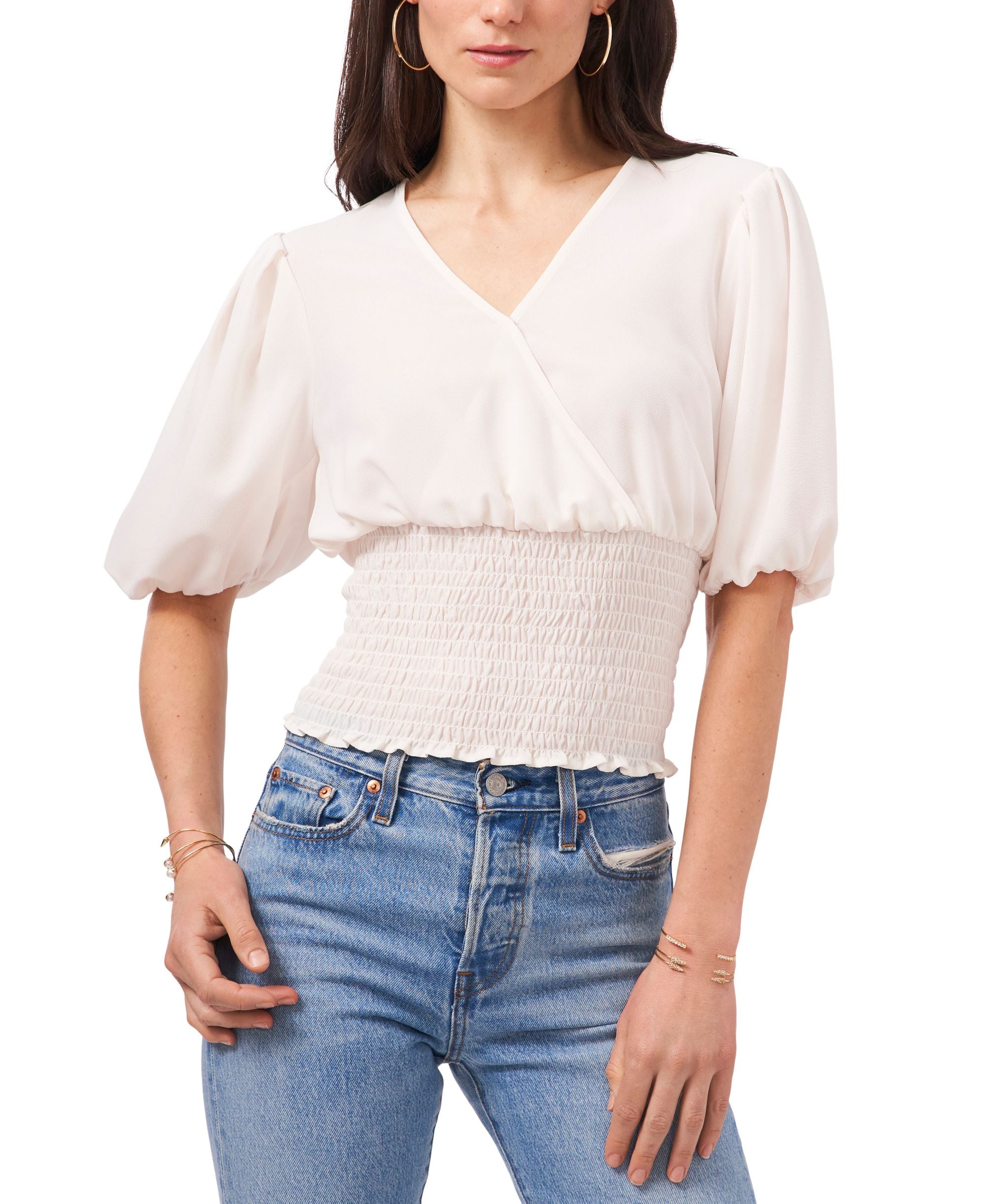 1.State Smocked Puff Sleeve Top