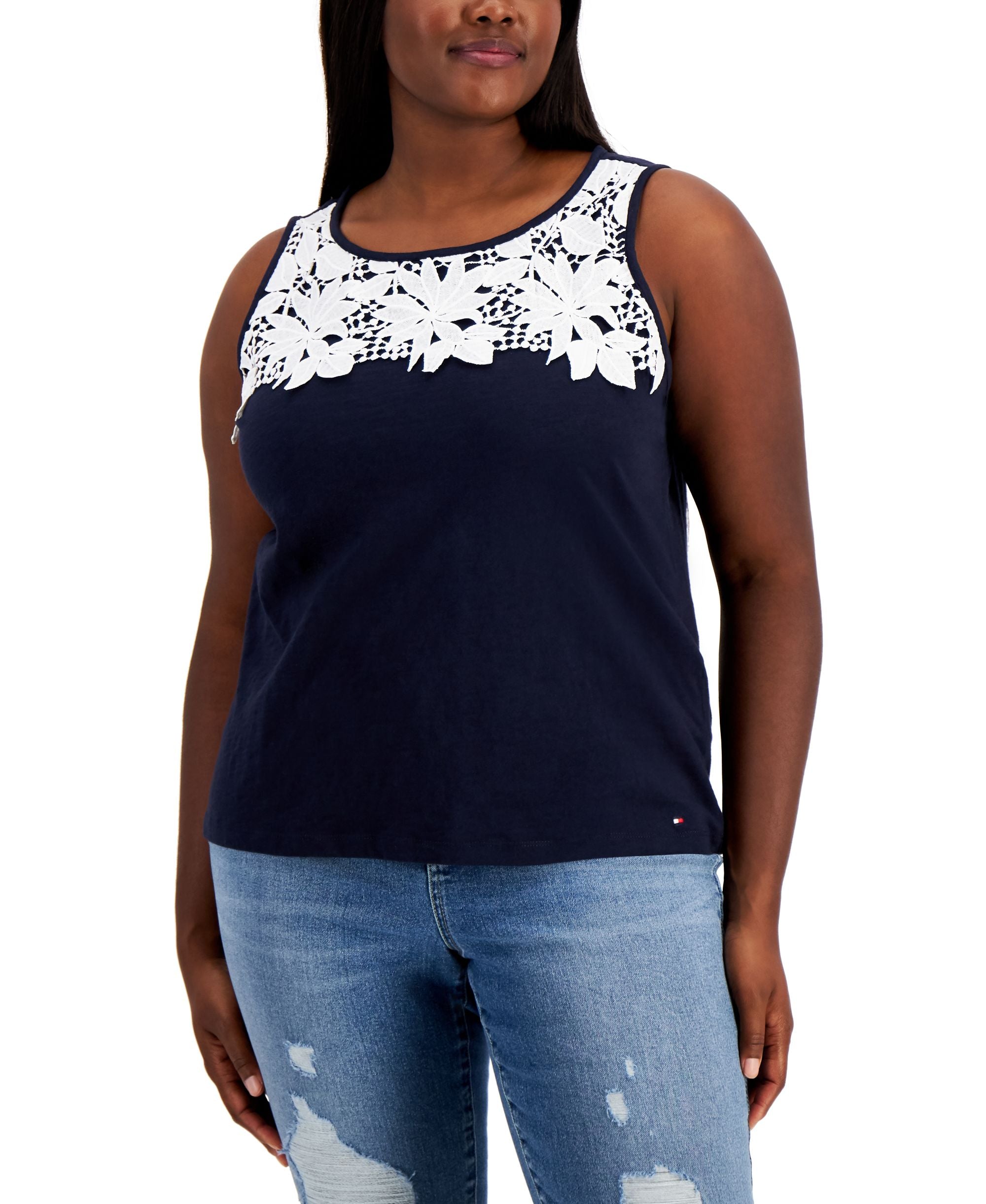Plus Size Lace Neckline Keyhole Back Tank Top